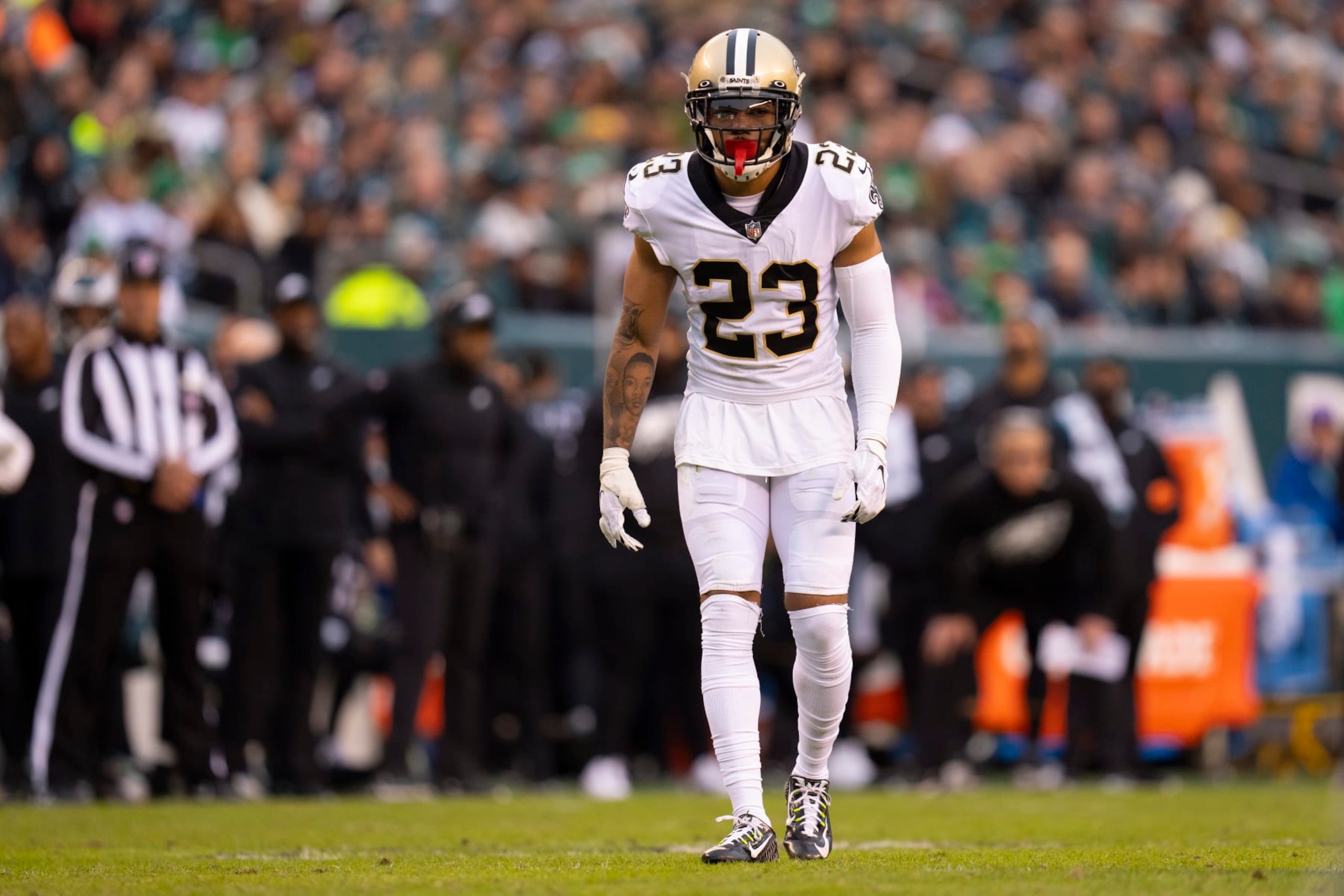 PHILADELPHIA, PA - NOVEMBER 21: Marshon Lattimore #23 of the New Orleans Saints looks on against the Philadelphia Eagles at Lincoln Financial Field on November 21, 2021 in Philadelphia, Pennsylvania. (Photo by Mitchell Leff/Getty Images)