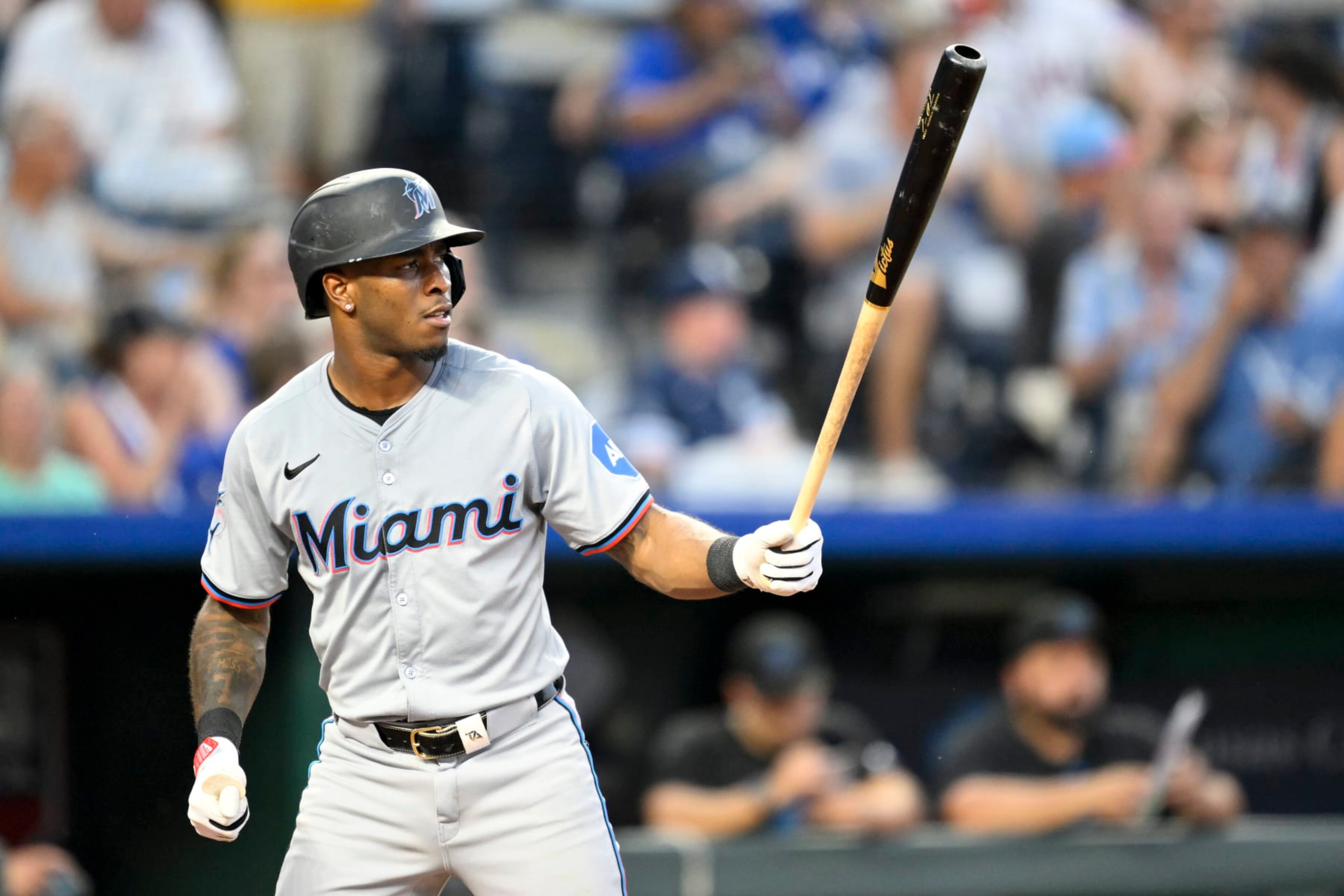 KANSAS CITY, MISSOURI - JUNE 24: Tim Anderson of the Miami Marlins at bat against the Kansas City Royals in the sixth inning at Kauffman Stadium on June 24, 2024 in Kansas City, Missouri. (Photo by Reed Hoffmann/Getty Images)