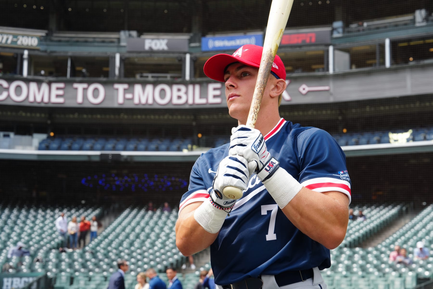 SEATTLE, WA - JULY 07:  Slade Caldwell #7 of the American League Team looks on during batting practice prior to the MLB-USA Baseball High School All-American Game at T-Mobile Park on Friday, July 7, 2023 in Seattle, Washington. (Photo by Mary DeCicco/MLB Photos via Getty Images)