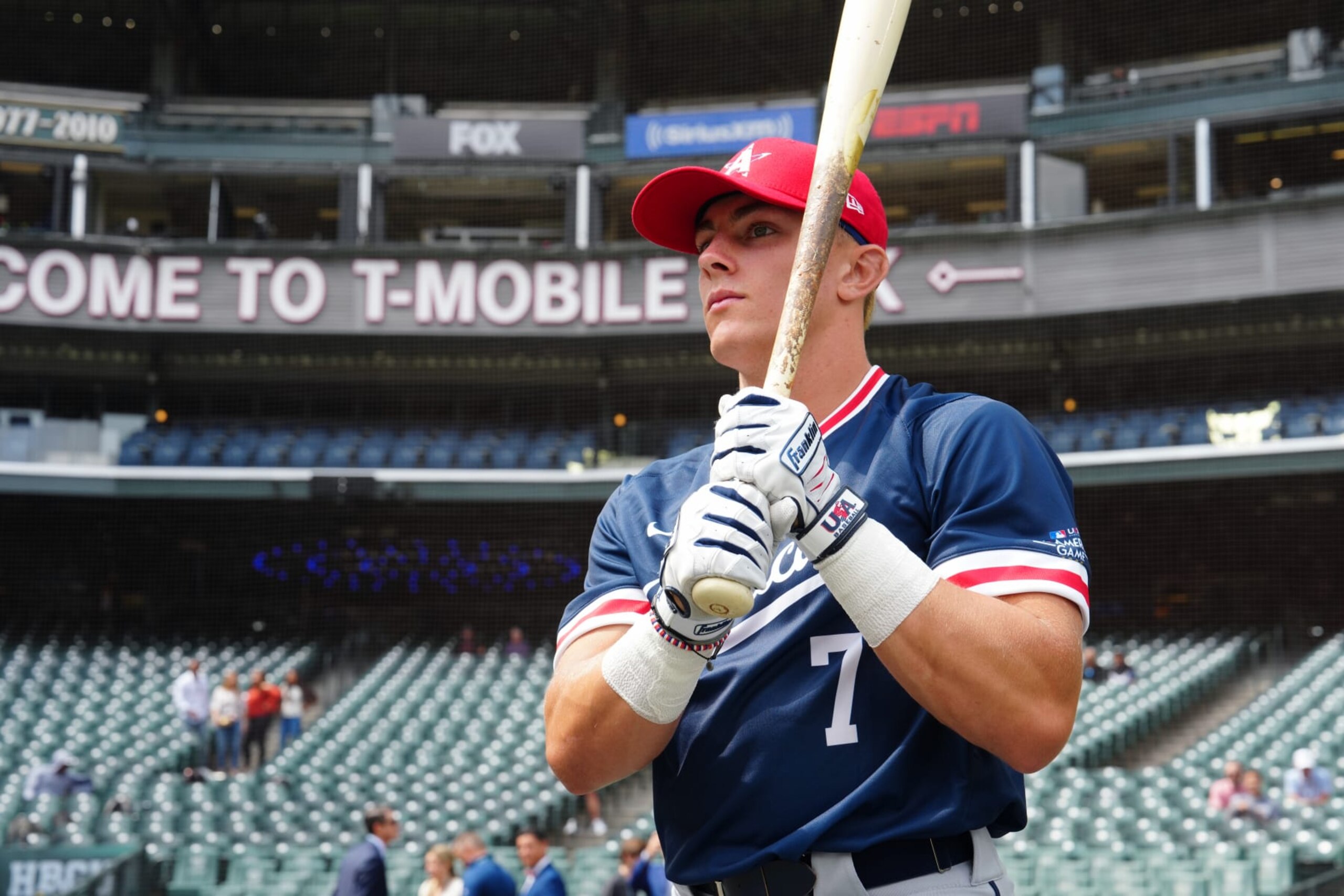 SEATTLE, WA - JULY 07:  Slade Caldwell #7 of the American League Team looks on during batting practice prior to the MLB-USA Baseball High School All-American Game at T-Mobile Park on Friday, July 7, 2023 in Seattle, Washington. (Photo by Mary DeCicco/MLB Photos via Getty Images)