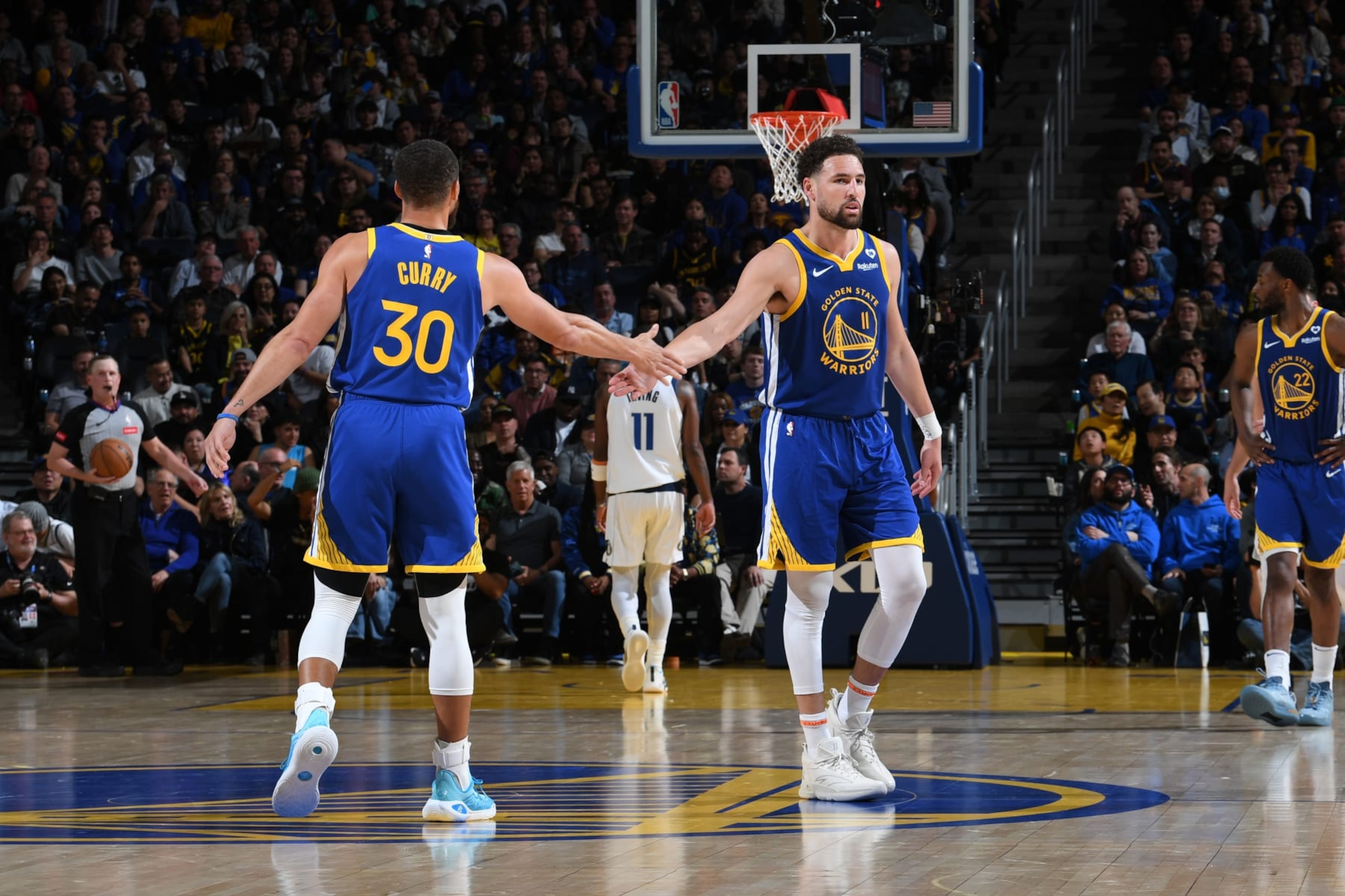 SAN FRANCISCO, CA - APRIL 2: Stephen Curry #30 and Klay Thompson #11 of the Golden State Warriors high five during the game against the Dallas Mavericks on April 2, 2024 at Chase Center in San Francisco, California. NOTE TO USER: User expressly acknowledges and agrees that, by downloading and or using this photograph, user is consenting to the terms and conditions of Getty Images License Agreement. Mandatory Copyright Notice: Copyright 2024 NBAE (Photo by Noah Graham/NBAE via Getty Images) SAN FRANCISCO, CA - APRIL 2: Stephen Curry #30 and Klay Thompson #11 of the Golden State Warriors high five during the game against the Dallas Mavericks on April 2, 2024 at Chase Center in San Francisco, California. NOTE TO USER: User expressly acknowledges and agrees that, by downloading and or using this photograph, user is consenting to the terms and conditions of Getty Images License Agreement. Mandatory Copyright Notice: Copyright 2024 NBAE (Photo by Noah Graham/NBAE via Getty Images)