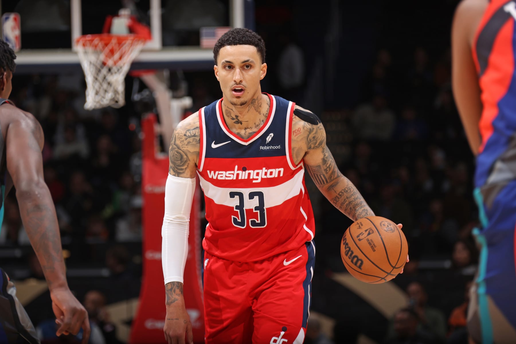 WASHINGTON, DC -  MARCH 27: Kyle Kuzma #33 of the Washington Wizards dribbles the ball during the game against the Brooklyn Nets on March 27, 2024 at Capital One Arena in Washington, DC. NOTE TO USER: User expressly acknowledges and agrees that, by downloading and or using this Photograph, user is consenting to the terms and conditions of the Getty Images License Agreement. Mandatory Copyright Notice: Copyright 2024 NBAE (Photo by Stephen Gosling/NBAE via Getty Images)