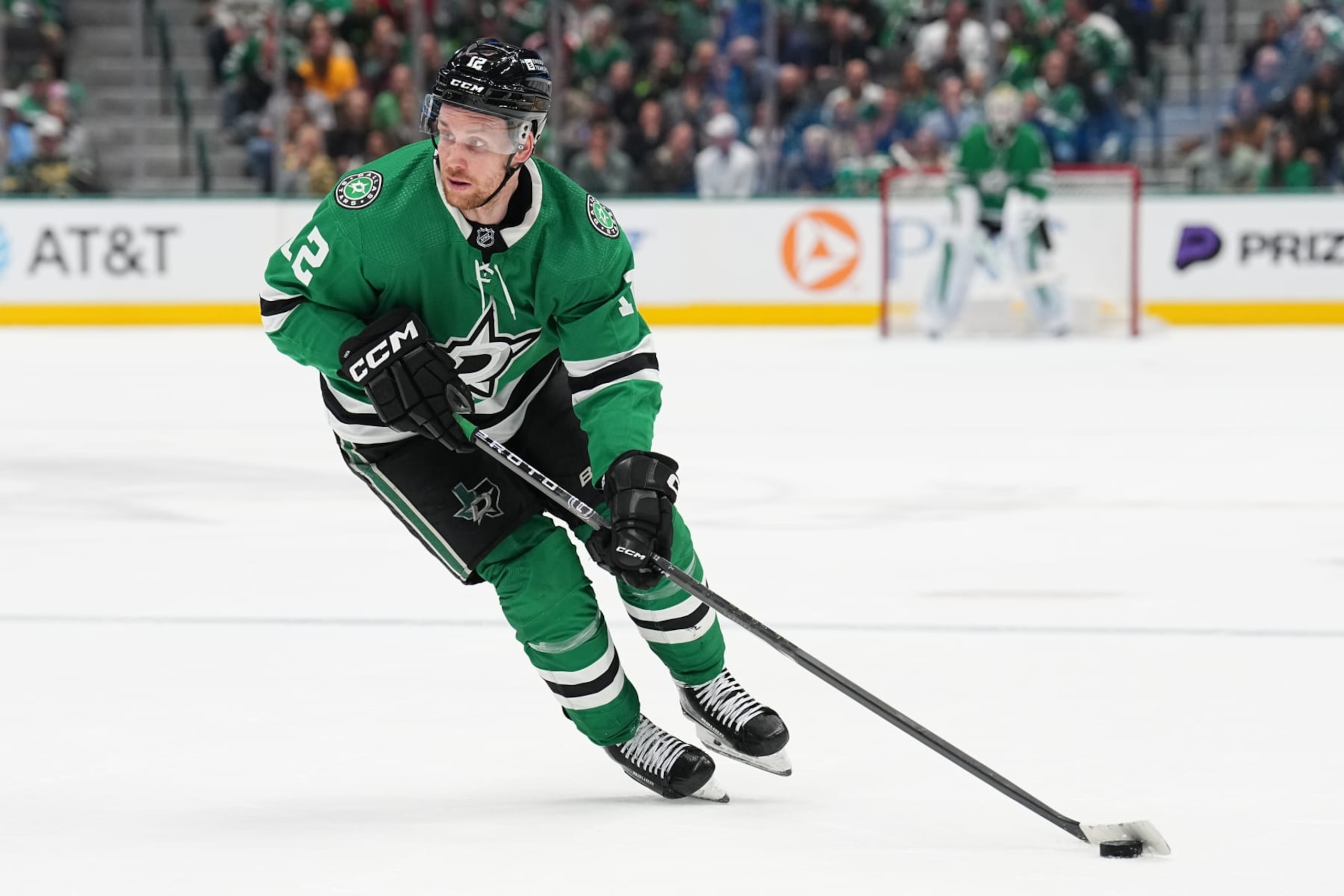 DALLAS, TX - APRIL 9: Radek Faksa #12 of the Dallas Stars handles the puck against the Buffalo Sabers at the American Airlines Center on April 9, 2024 in Dallas, Texas. (Photo by Glenn James/NHLI via Getty Images)