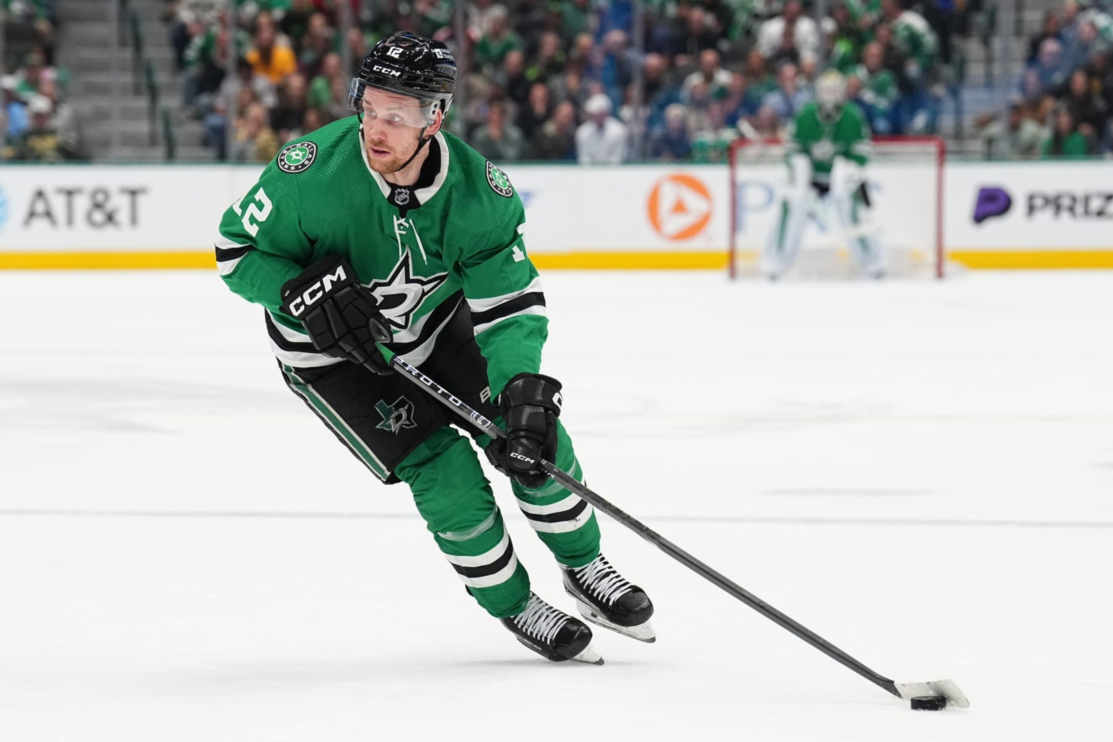 DALLAS, TX - APRIL 9: Radek Faksa #12 of the Dallas Stars handles the puck against the Buffalo Sabers at the American Airlines Center on April 9, 2024 in Dallas, Texas. (Photo by Glenn James/NHLI via Getty Images)