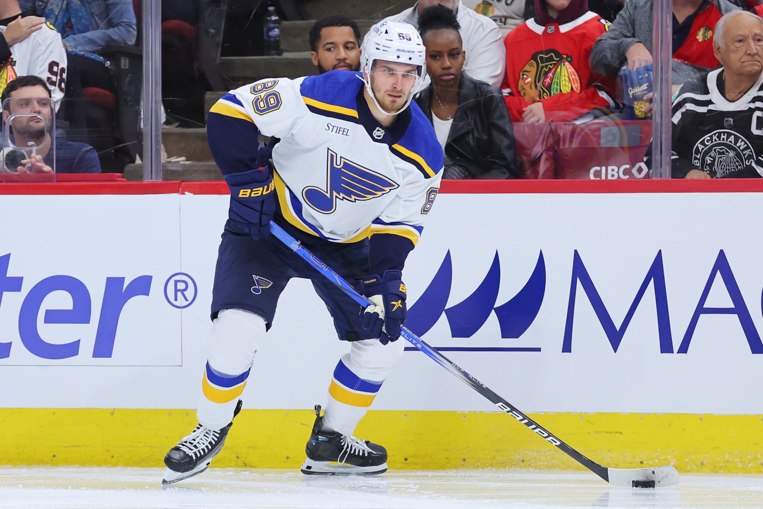 CHICAGO, ILLINOIS - SEPTEMBER 28: Pavel Buchnevich #89 of the St. Louis Blues skates with the puck against the Chicago Blackhawks during the third period of a preseason game at the United Center on September 28, 2023 in Chicago, Illinois. (Photo by Michael Reaves/Getty Images)