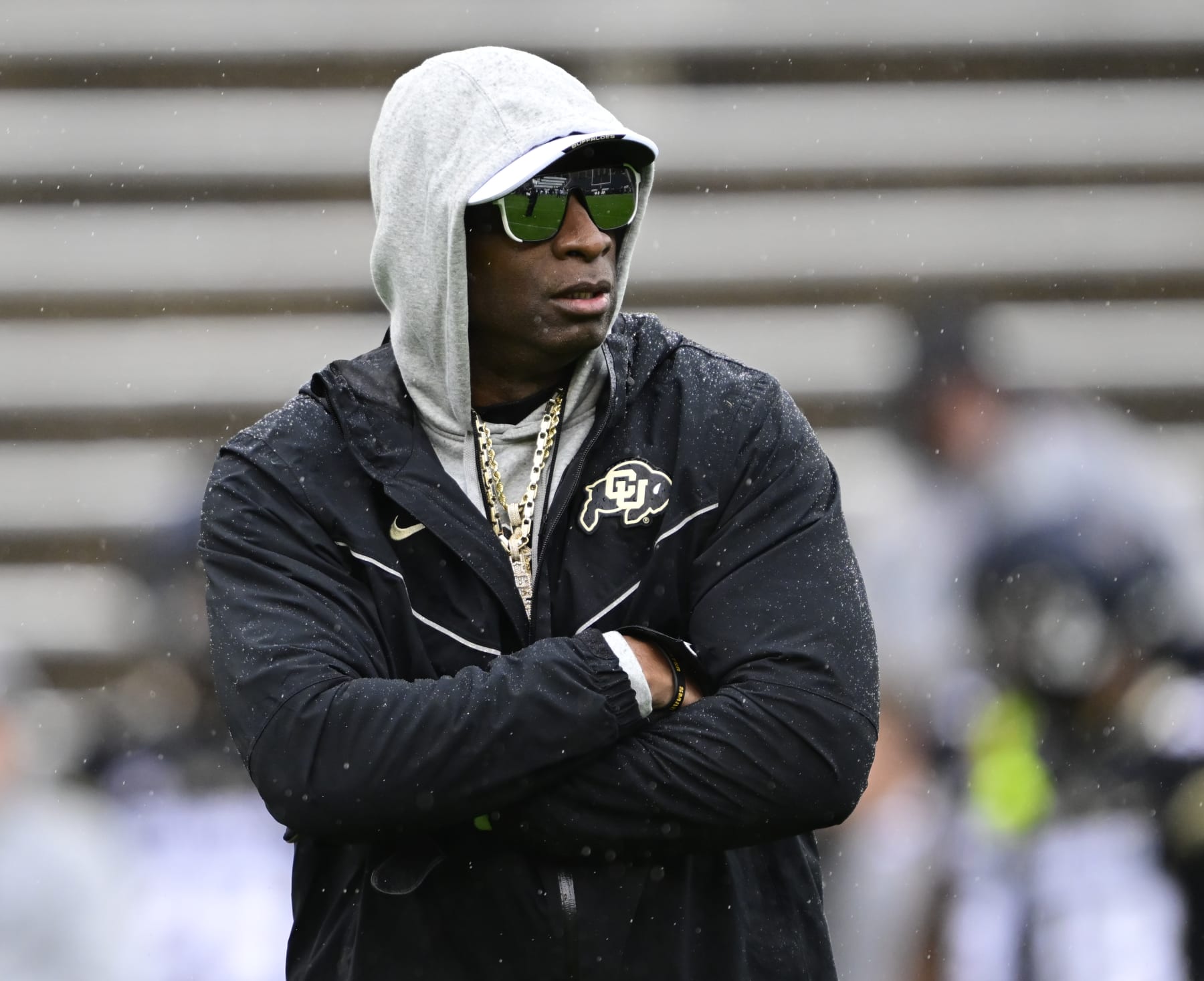 BOULDER, CO - APRIL 27: Colorado Buffaloes head coach Deion Sanders on the field for warmups before the Black and Gold spring game at Folsom Field in Boulder, Colorado on Saturday, April 27, 2024. (Photo by Andy Cross/The Denver Post)