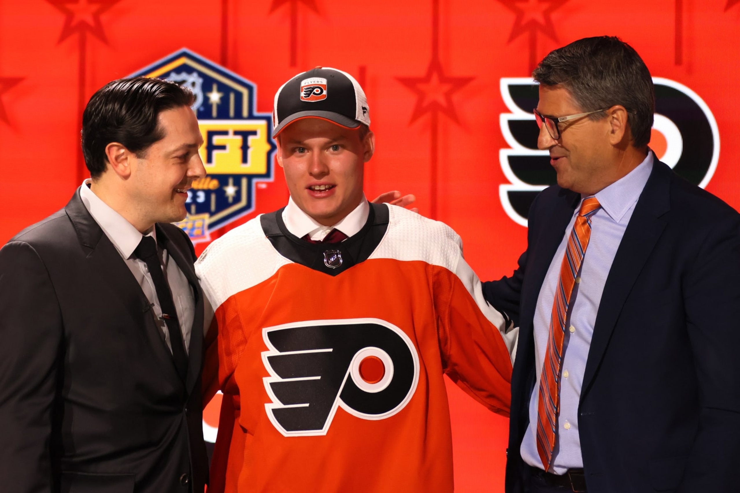 NASHVILLE, TENNESSEE - JUNE 28: Matvei Michkov is selected by the Philadelphia Flyers with seventh overall pick during round one of the 2023 Upper Deck NHL Draft at Bridgestone Arena on June 28, 2023 in Nashville, Tennessee. (Photo by Bruce Bennett/Getty Images) NASHVILLE, TENNESSEE - JUNE 28: Matvei Michkov is selected by the Philadelphia Flyers with seventh overall pick during round one of the 2023 Upper Deck NHL Draft at Bridgestone Arena on June 28, 2023 in Nashville, Tennessee. (Photo by Bruce Bennett/Getty Images)