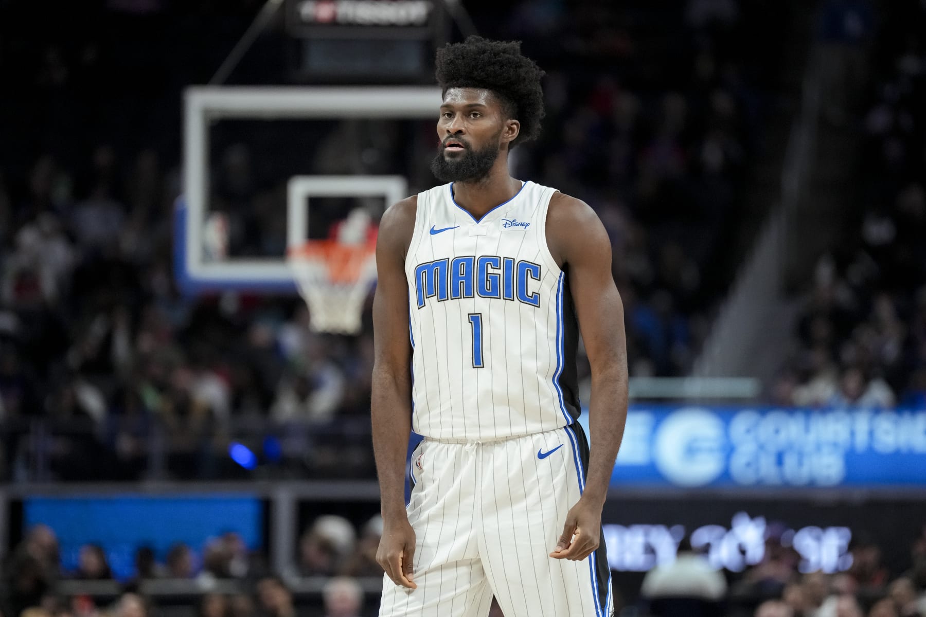 DETROIT, MICHIGAN - FEBRUARY 04: Jonathan Isaac #1 of the Orlando Magic looks on against the Detroit Pistons at Little Caesars Arena on February 04, 2024 in Detroit, Michigan. NOTE TO USER: User expressly acknowledges and agrees that, by downloading and or using this photograph, User is consenting to the terms and conditions of the Getty Images License Agreement. (Photo by Nic Antaya/Getty Images)