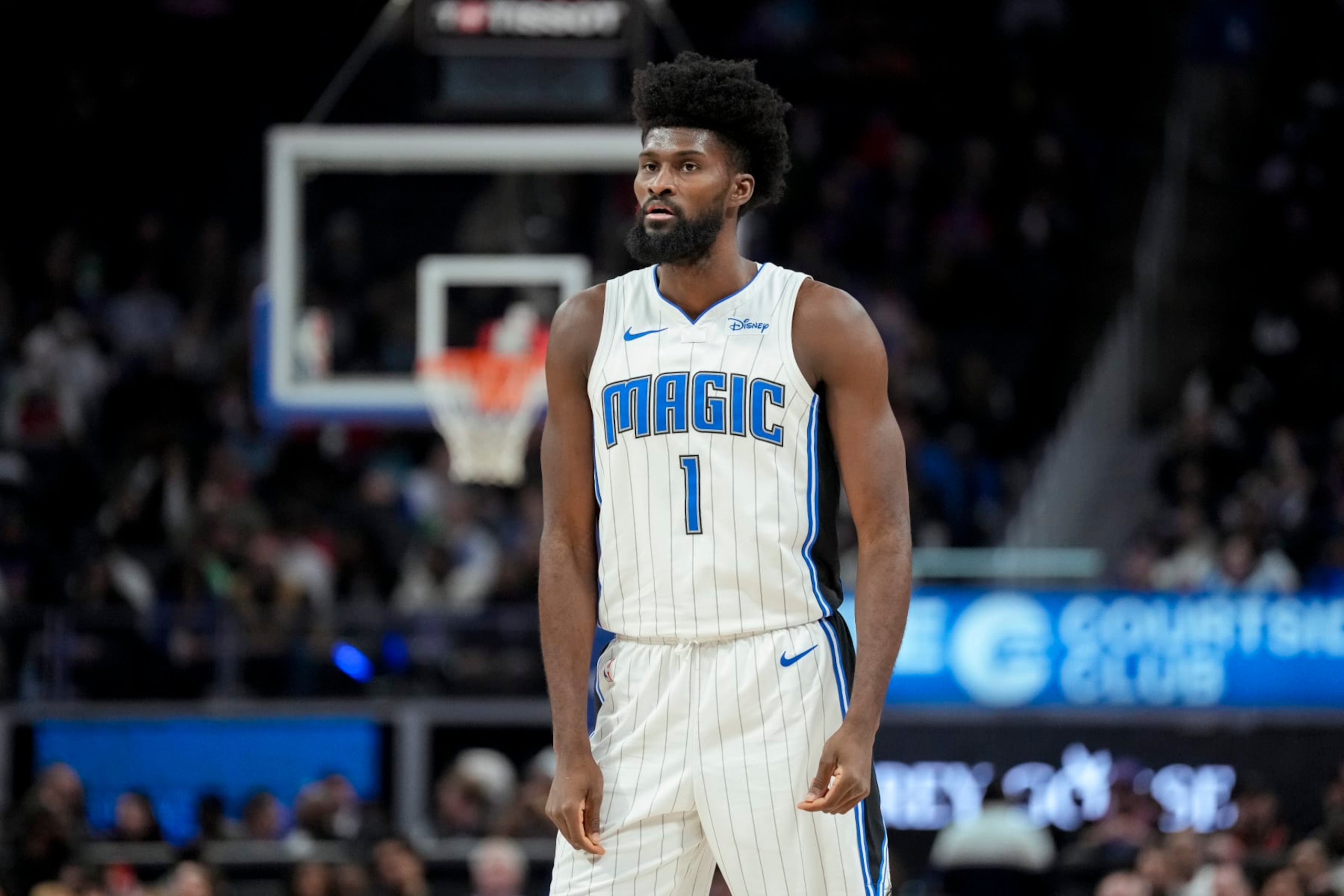 DETROIT, MICHIGAN - FEBRUARY 04: Jonathan Isaac #1 of the Orlando Magic looks on against the Detroit Pistons at Little Caesars Arena on February 04, 2024 in Detroit, Michigan. NOTE TO USER: User expressly acknowledges and agrees that, by downloading and or using this photograph, User is consenting to the terms and conditions of the Getty Images License Agreement. (Photo by Nic Antaya/Getty Images) DETROIT, MICHIGAN - FEBRUARY 04: Jonathan Isaac #1 of the Orlando Magic looks on against the Detroit Pistons at Little Caesars Arena on February 04, 2024 in Detroit, Michigan. NOTE TO USER: User expressly acknowledges and agrees that, by downloading and or using this photograph, User is consenting to the terms and conditions of the Getty Images License Agreement. (Photo by Nic Antaya/Getty Images)