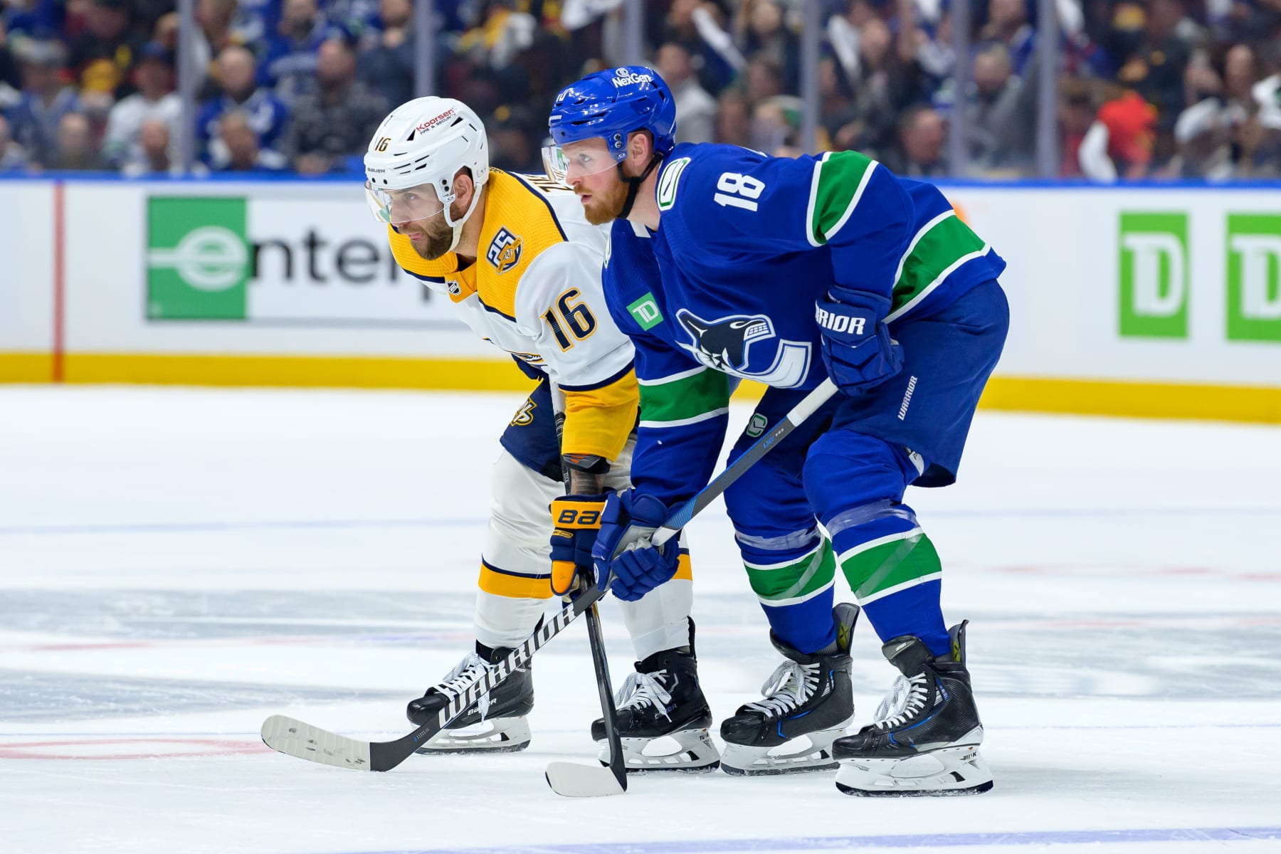 VANCOUVER, CANADA - APRIL 23: Jason Zucker #16 of the Nashville Predators and Sam Lafferty #18 of the Vancouver Canucks wait for a face-off during the first period in Game Two of the First Round of the 2024 Stanley Cup Playoffs at Rogers Arena on April 23, 2024 in Vancouver, British Columbia, Canada. (Photo by Derek Cain/Getty Images)