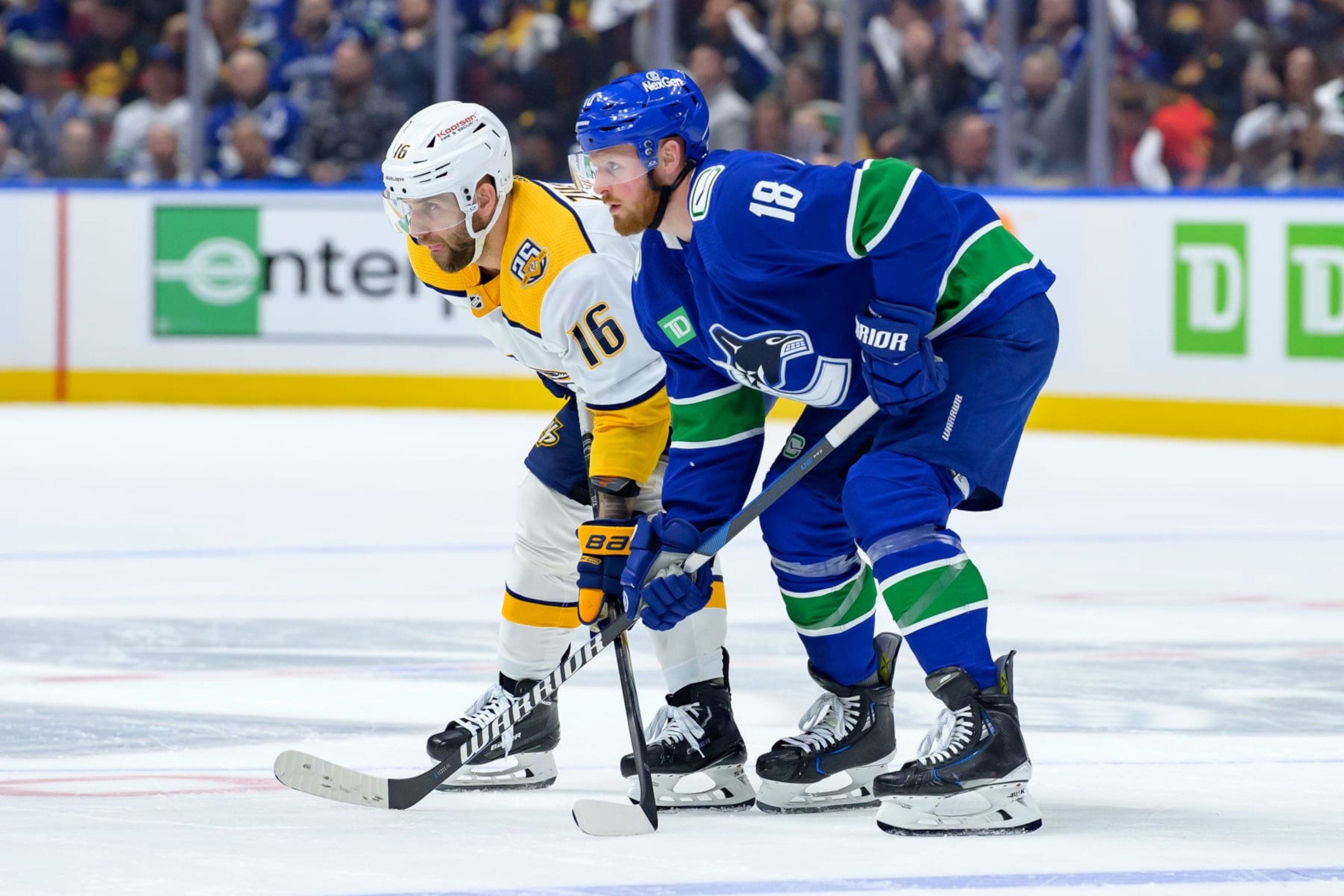 VANCOUVER, CANADA - APRIL 23: Jason Zucker #16 of the Nashville Predators and Sam Lafferty #18 of the Vancouver Canucks wait for a face-off during the first period in Game Two of the First Round of the 2024 Stanley Cup Playoffs at Rogers Arena on April 23, 2024 in Vancouver, British Columbia, Canada. (Photo by Derek Cain/Getty Images) VANCOUVER, CANADA - APRIL 23: Jason Zucker #16 of the Nashville Predators and Sam Lafferty #18 of the Vancouver Canucks wait for a face-off during the first period in Game Two of the First Round of the 2024 Stanley Cup Playoffs at Rogers Arena on April 23, 2024 in Vancouver, British Columbia, Canada. (Photo by Derek Cain/Getty Images)