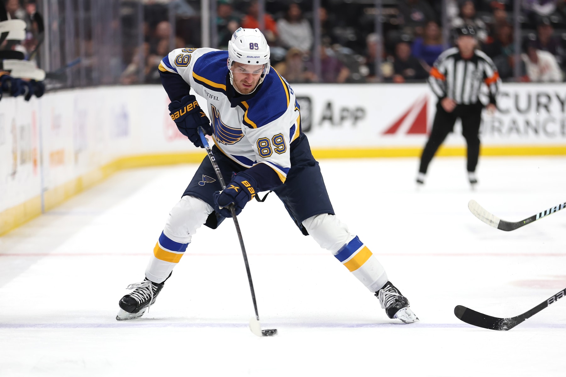 ANAHEIM, CALIFORNIA - APRIL 07: Pavel Buchnevich #89 of the St. Louis Blues controls the puck during the third period of a game against the Anaheim Ducks at Honda Center on April 07, 2024 in Anaheim, California. (Photo by Sean M. Haffey/Getty Images)