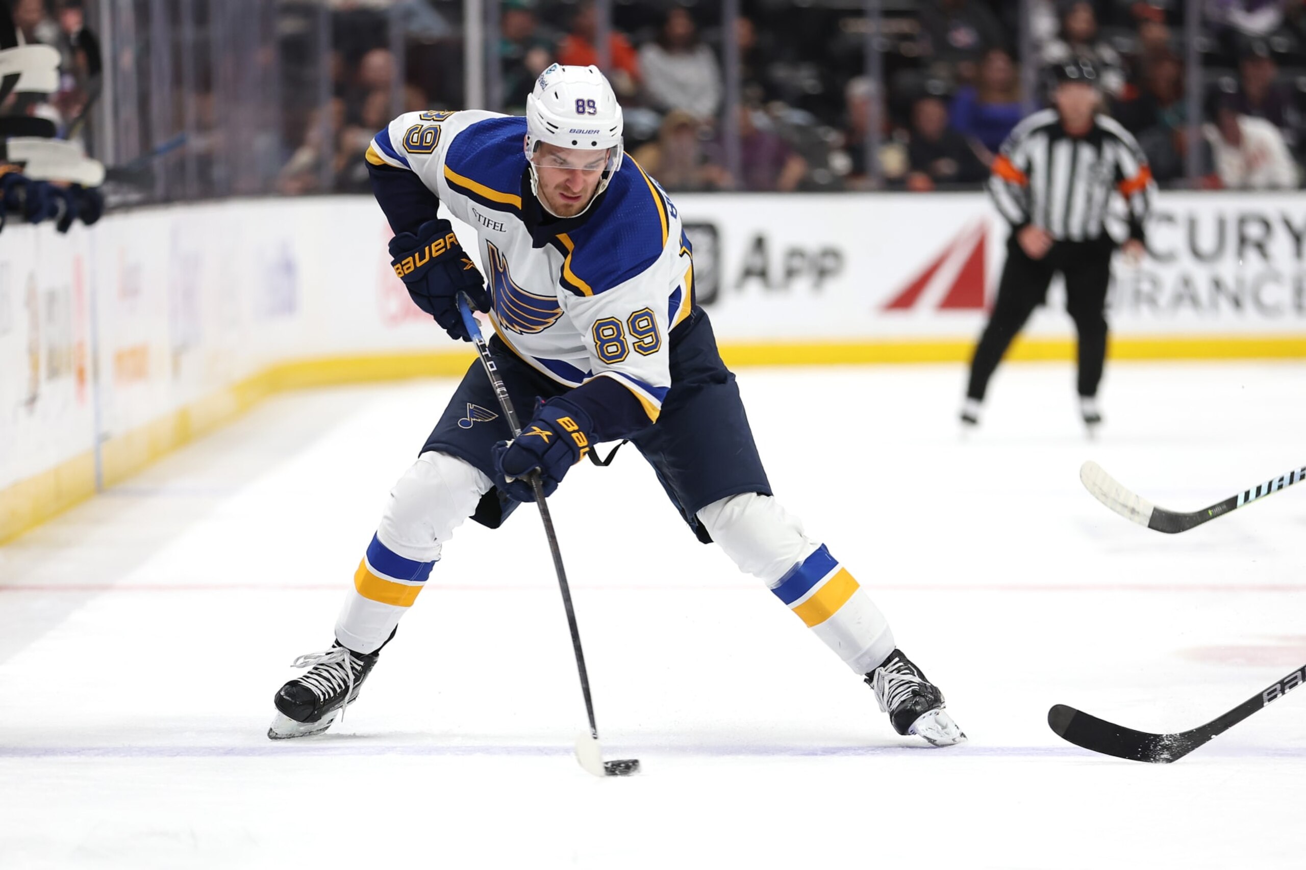 ANAHEIM, CALIFORNIA - APRIL 07: Pavel Buchnevich #89 of the St. Louis Blues controls the puck during the third period of a game against the Anaheim Ducks at Honda Center on April 07, 2024 in Anaheim, California. (Photo by Sean M. Haffey/Getty Images) ANAHEIM, CALIFORNIA - APRIL 07: Pavel Buchnevich #89 of the St. Louis Blues controls the puck during the third period of a game against the Anaheim Ducks at Honda Center on April 07, 2024 in Anaheim, California. (Photo by Sean M. Haffey/Getty Images)