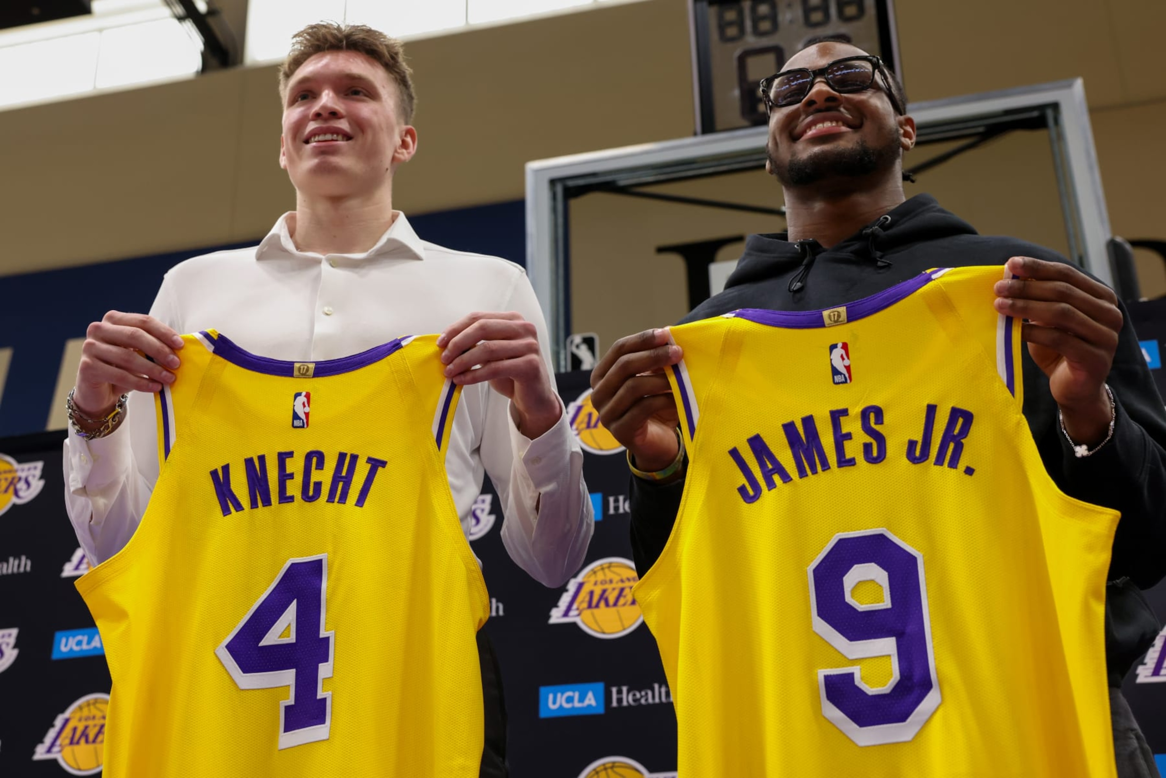 El Segundo, CA, Tuesday, July 2, 2024 - Lakers draft picks Dalton Knecht and Bronny James are introduced at the UCLA Health Training Center.  (Robert Gauthier/Los Angeles Times via Getty Images)
