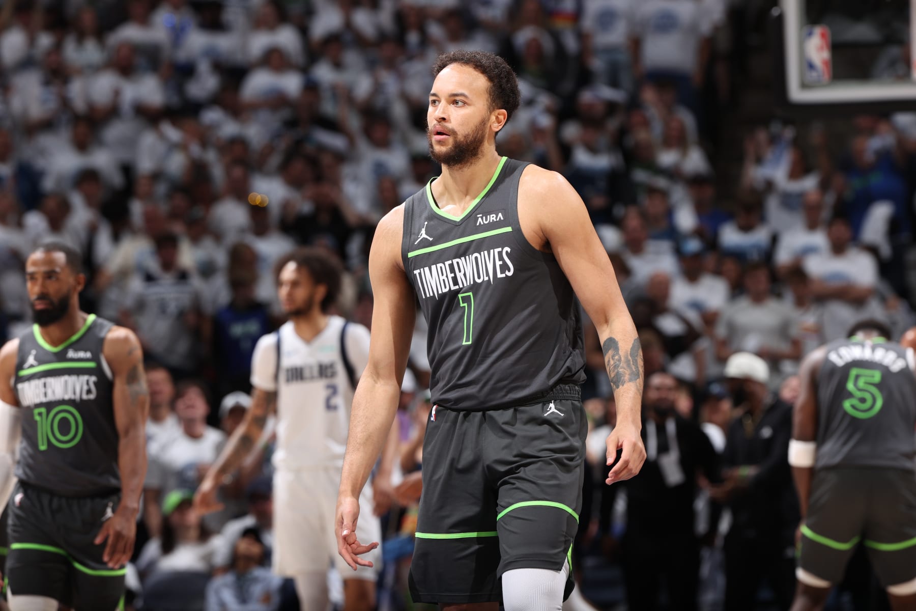 MINNEAPOLIS, MN - MAY 30: Kyle Anderson #1 of the Minnesota Timberwolves looks on during the game against the Dallas Mavericks during Round 3 Game 5 of the 2024 NBA Playoffs on May 30, 2024 at Target Center in Minneapolis, Minnesota. NOTE TO USER: User expressly acknowledges and agrees that, by downloading and or using this Photograph, user is consenting to the terms and conditions of the Getty Images License Agreement. Mandatory Copyright Notice: Copyright 2024 NBAE (Photo by Joe Murphy/NBAE via Getty Images)