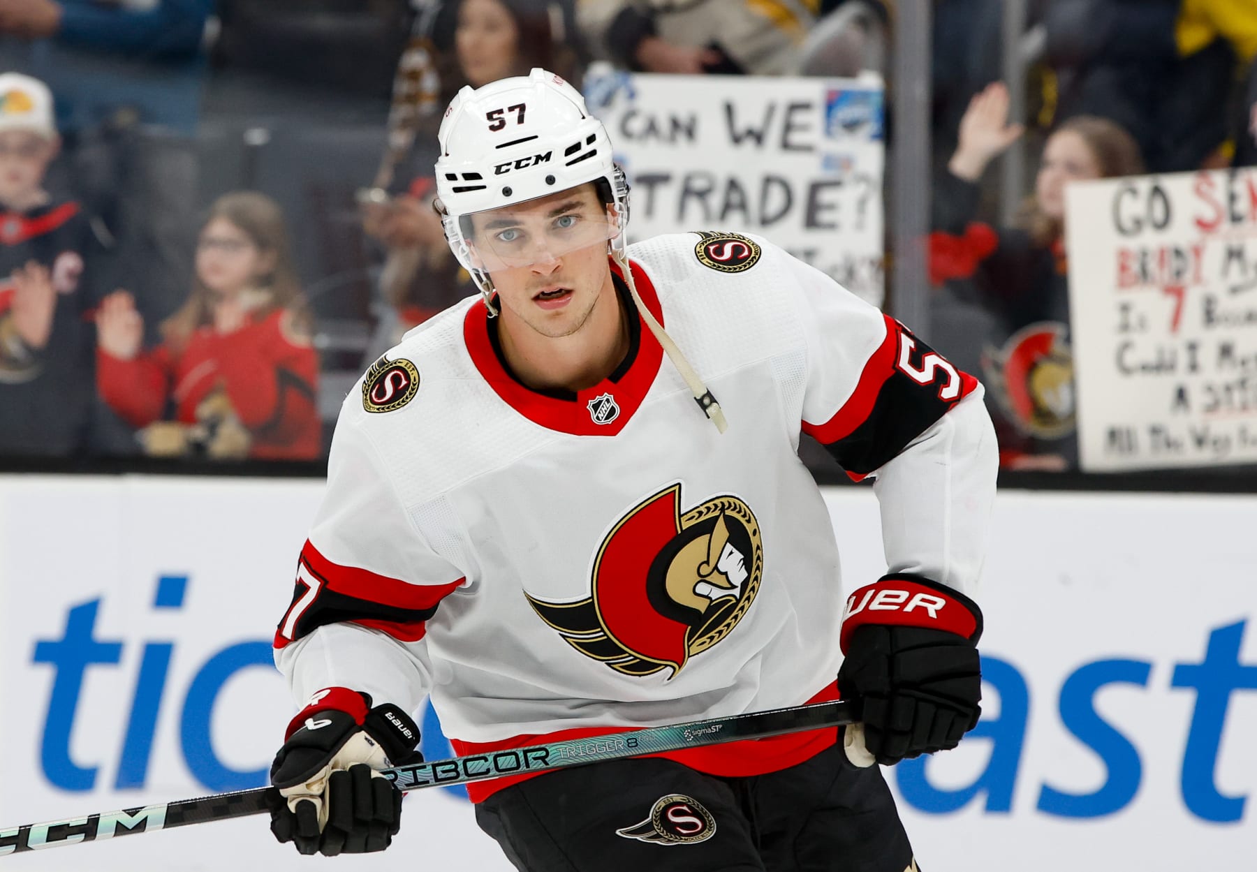 BOSTON, MASSACHUSETTS - APRIL 16: Shane Pinto #57 of the Ottawa Senators warms up prior to a game against the Boston Bruins at the TD Garden on April 16, 2024 in Boston, Massachusetts. (Photo by Richard T Gagnon/Getty Images)
