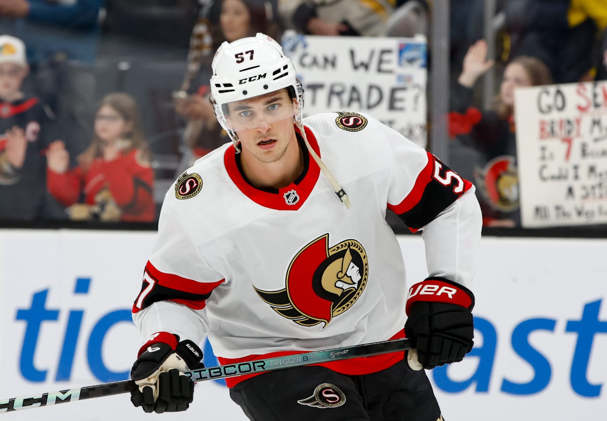 BOSTON, MASSACHUSETTS - APRIL 16: Shane Pinto #57 of the Ottawa Senators warms up prior to a game against the Boston Bruins at the TD Garden on April 16, 2024 in Boston, Massachusetts. (Photo by Richard T Gagnon/Getty Images)