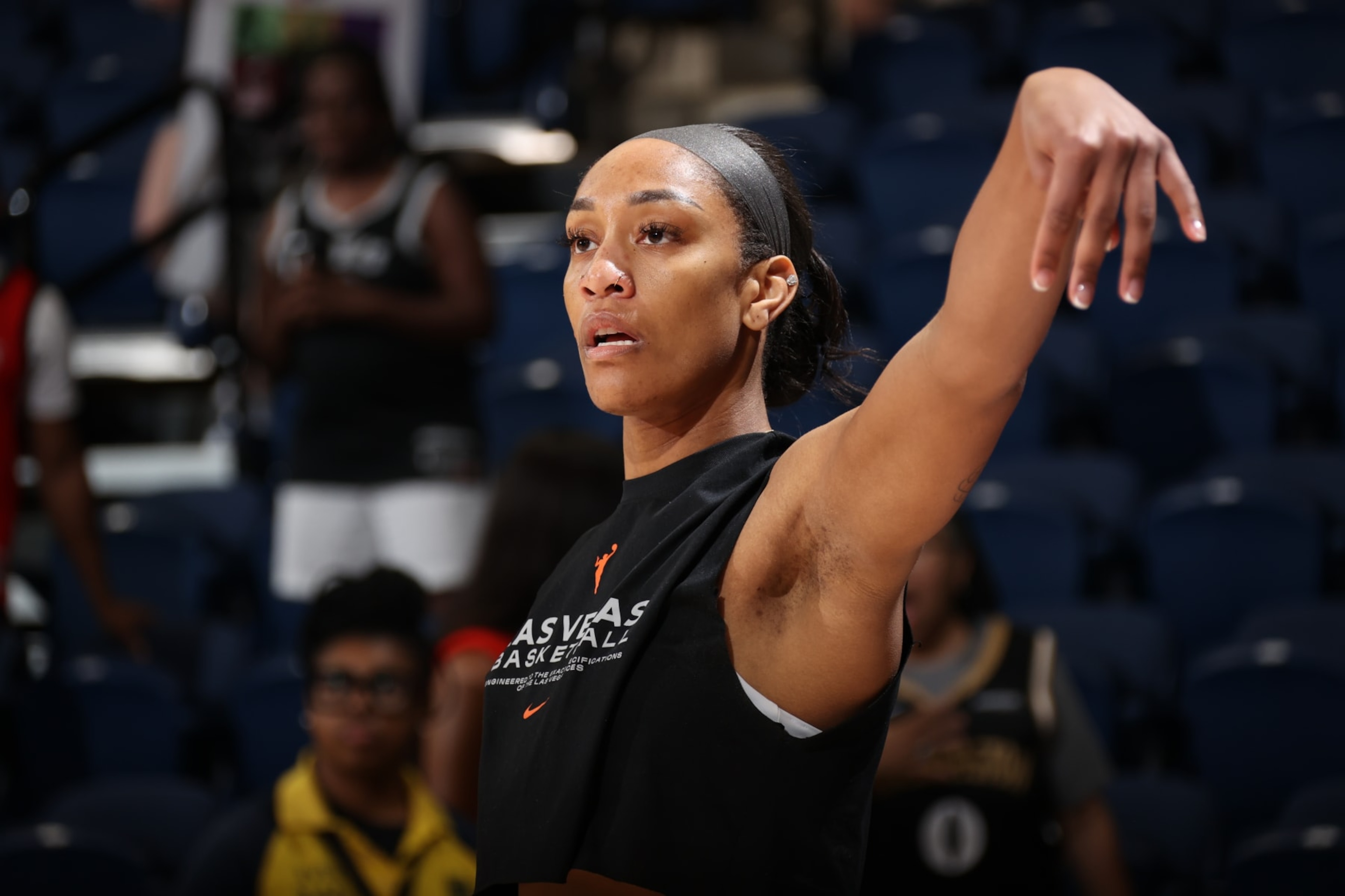 WASHINGTON, DC - JUNE 29: A'ja Wilson #22 of the Las Vegas Aces looks on before the game against the Washington Mystics on June 29, 2024 at Entertainment & Sports Arena in Washington, DC. NOTE TO USER: User expressly acknowledges and agrees that, by downloading and or using this Photograph, user is consenting to the terms and conditions of the Getty Images License Agreement. Mandatory Copyright Notice: Copyright 2024 NBAE (Photo by Stephen Gosling/NBAE via Getty Images) WASHINGTON, DC - JUNE 29: A'ja Wilson #22 of the Las Vegas Aces looks on before the game against the Washington Mystics on June 29, 2024 at Entertainment & Sports Arena in Washington, DC. NOTE TO USER: User expressly acknowledges and agrees that, by downloading and or using this Photograph, user is consenting to the terms and conditions of the Getty Images License Agreement. Mandatory Copyright Notice: Copyright 2024 NBAE (Photo by Stephen Gosling/NBAE via Getty Images)