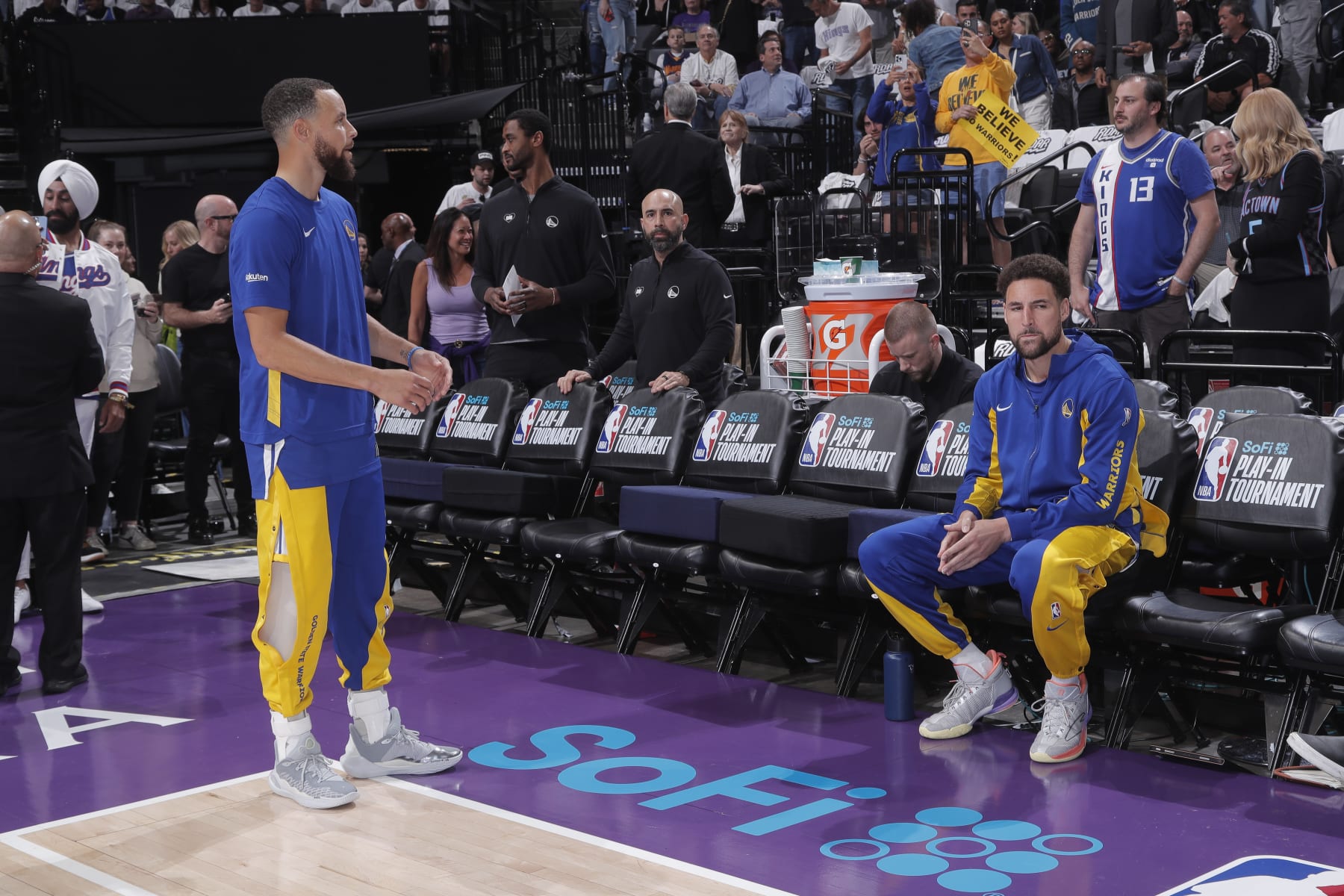 SACRAMENTO, CA - APRIL 16: Stephen Curry #30 and Klay Thompson #11 of the Golden State Warriors look on from the bench prior to the game against the Sacramento Kings during the 2024 Play-In Tournament on April 16, 2024 at Golden 1 Center in Sacramento, California. NOTE TO USER: User expressly acknowledges and agrees that, by downloading and or using this photograph, User is consenting to the terms and conditions of the Getty Images Agreement. Mandatory Copyright Notice: Copyright 2024 NBAE (Photo by Rocky Widner/NBAE via Getty Images)