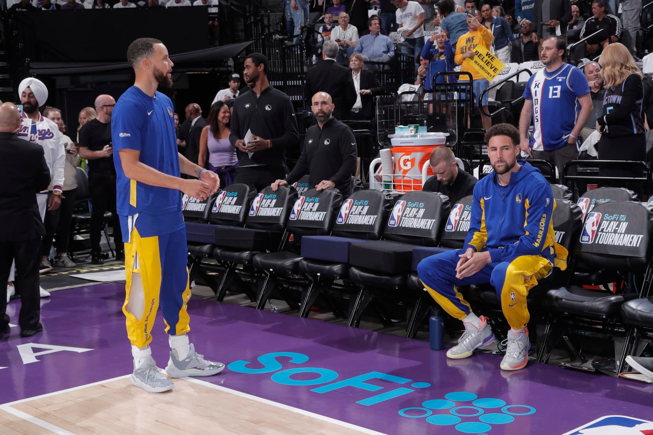 SACRAMENTO, CA - APRIL 16: Stephen Curry #30 and Klay Thompson #11 of the Golden State Warriors look on from the bench prior to the game against the Sacramento Kings during the 2024 Play-In Tournament on April 16, 2024 at Golden 1 Center in Sacramento, California. NOTE TO USER: User expressly acknowledges and agrees that, by downloading and or using this photograph, User is consenting to the terms and conditions of the Getty Images Agreement. Mandatory Copyright Notice: Copyright 2024 NBAE (Photo by Rocky Widner/NBAE via Getty Images)