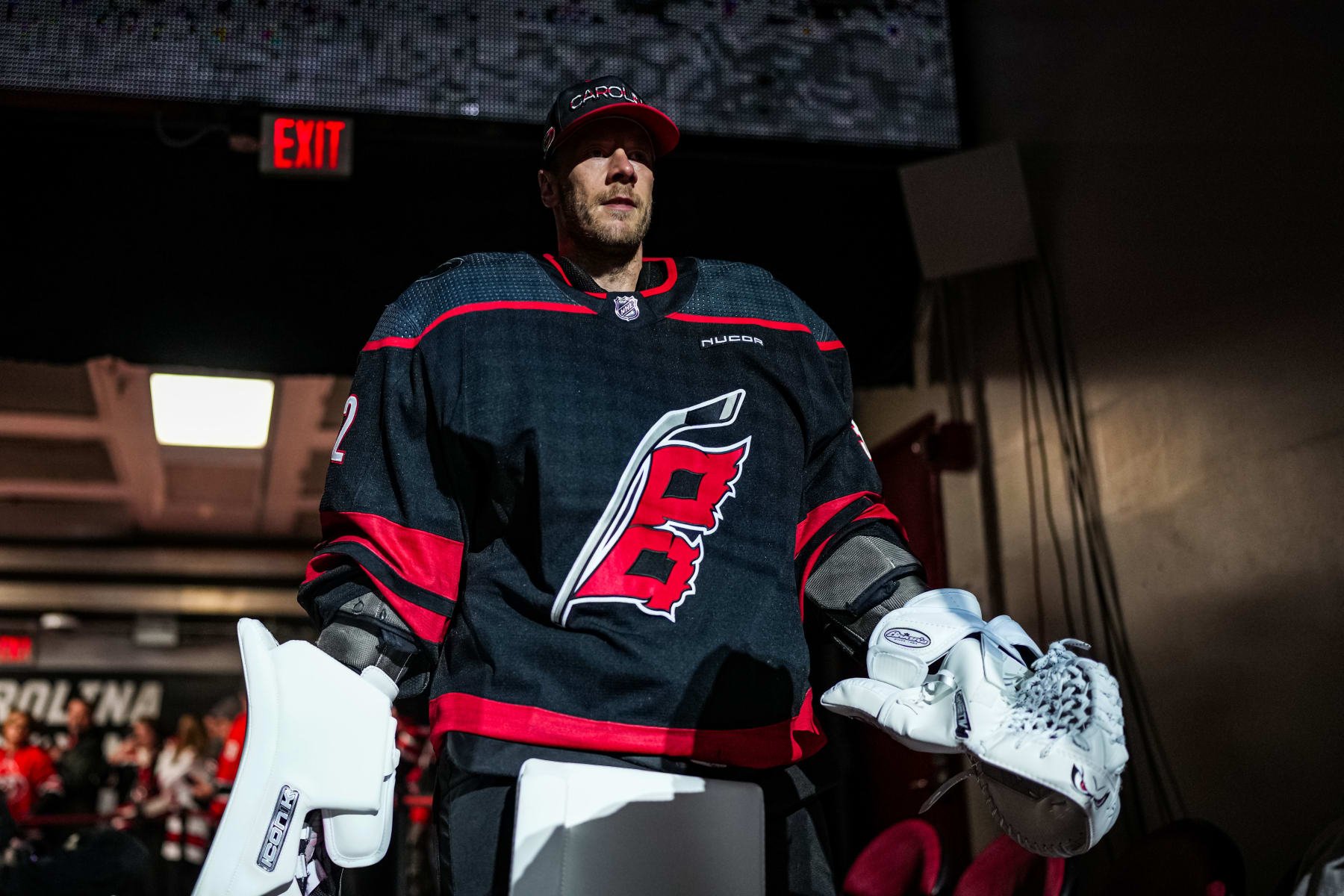 RALEIGH, NORTH CAROLINA - FEBRUARY 08: Antti Raanta #32 of the Carolina Hurricanes takes the ice prior to the game against the Colorado Avalanche at PNC Arena on February 08, 2024 in Raleigh, North Carolina. (Photo by Josh Lavallee/NHLI via Getty Images)