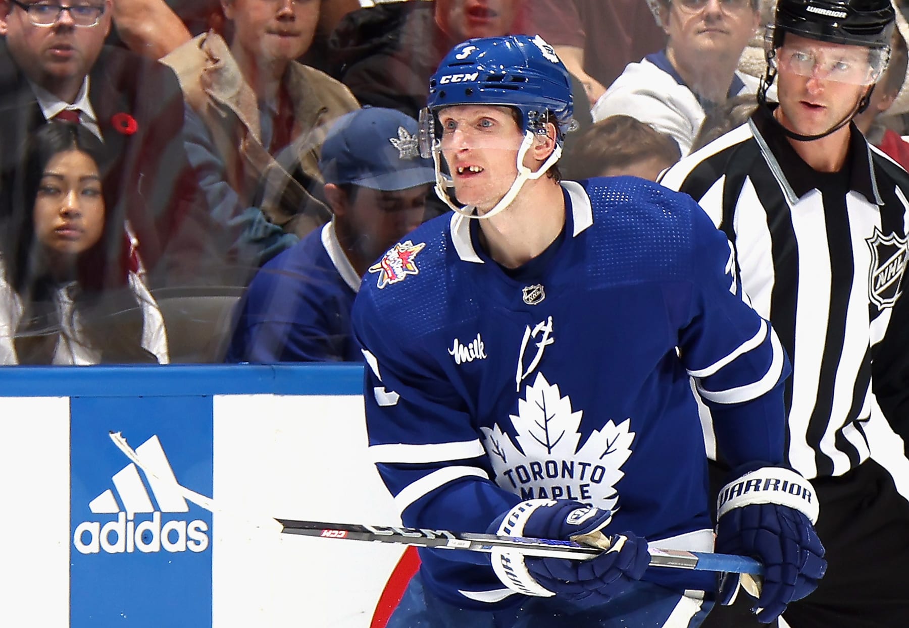 TORONTO, CANADA - NOVEMBER 11: John Klingberg #3 of the Toronto Maple Leafs skates against the Vancouver Canucks at Scotiabank Arena on November 11, 2023 in Toronto, Ontario, Canada. (Photo by Bruce Bennett/Getty Images)