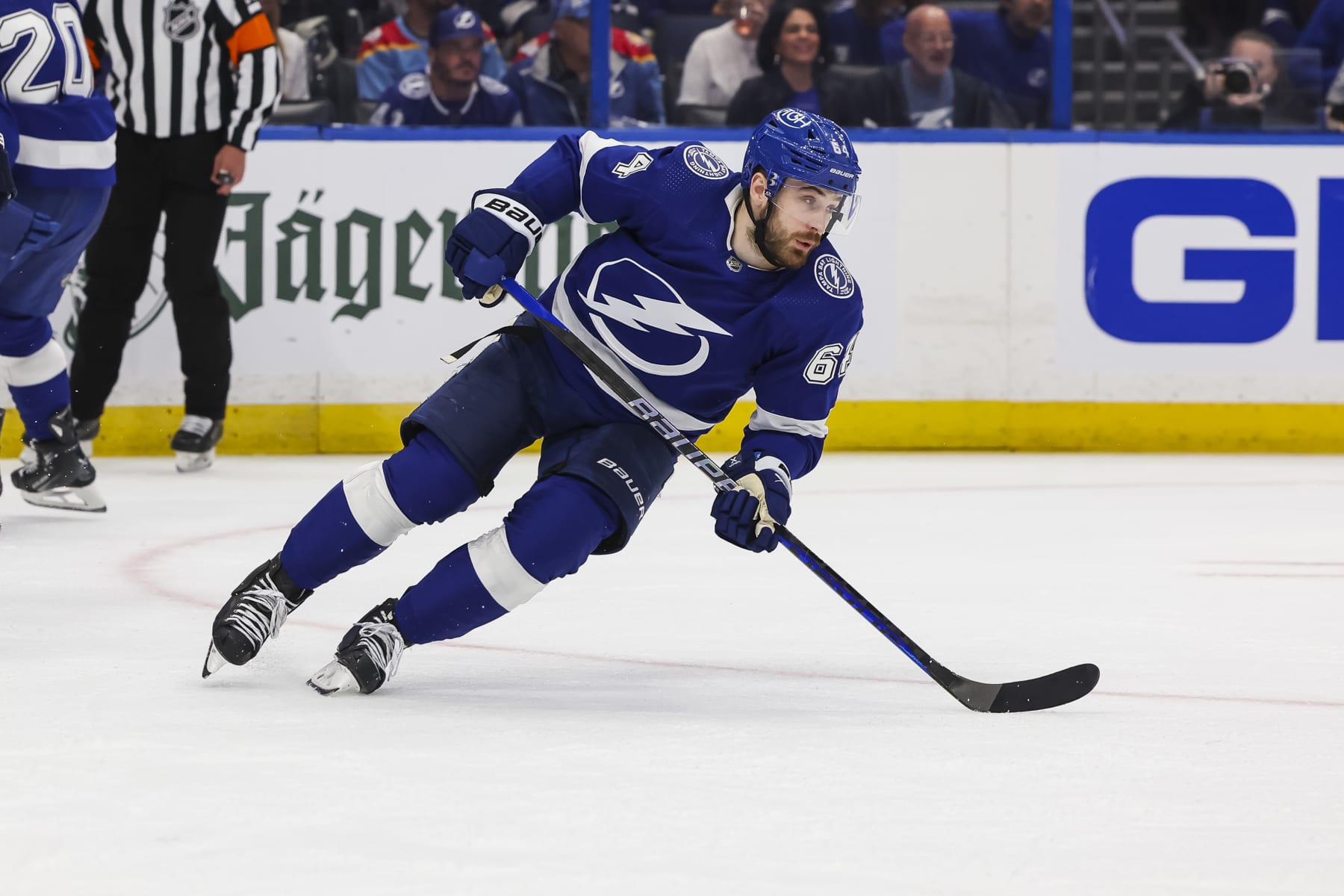TAMPA, FL - APRIL 25: Tyler Motte #64 of the Tampa Bay Lightning skates against the Florida Panthers in Game Three of the First Round of the 2024 Stanley Cup Playoffs at Amalie Arena on April 25, 2024 in Tampa, Florida. (Photo by Mark LoMoglio/NHLI via Getty Images)
