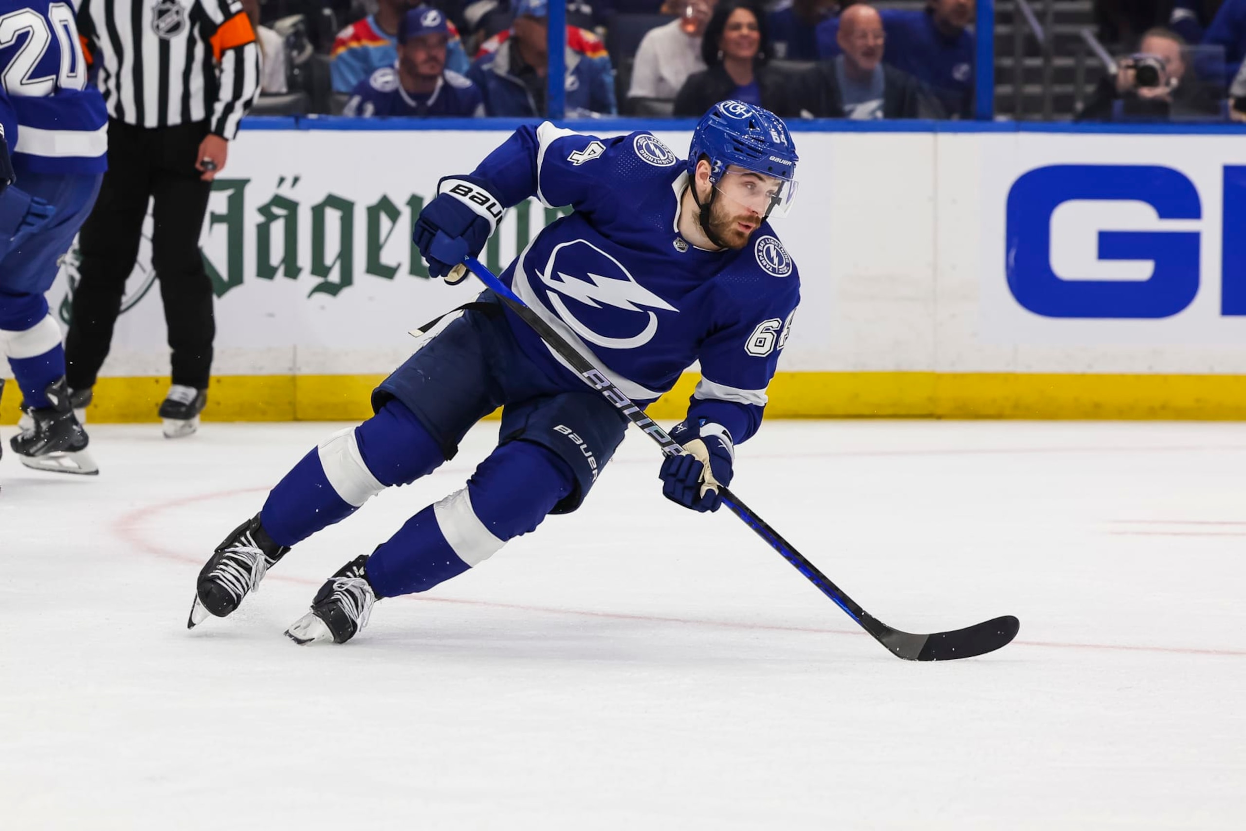 TAMPA, FL - APRIL 25: Tyler Motte #64 of the Tampa Bay Lightning skates against the Florida Panthers in Game Three of the First Round of the 2024 Stanley Cup Playoffs at Amalie Arena on April 25, 2024 in Tampa, Florida. (Photo by Mark LoMoglio/NHLI via Getty Images)