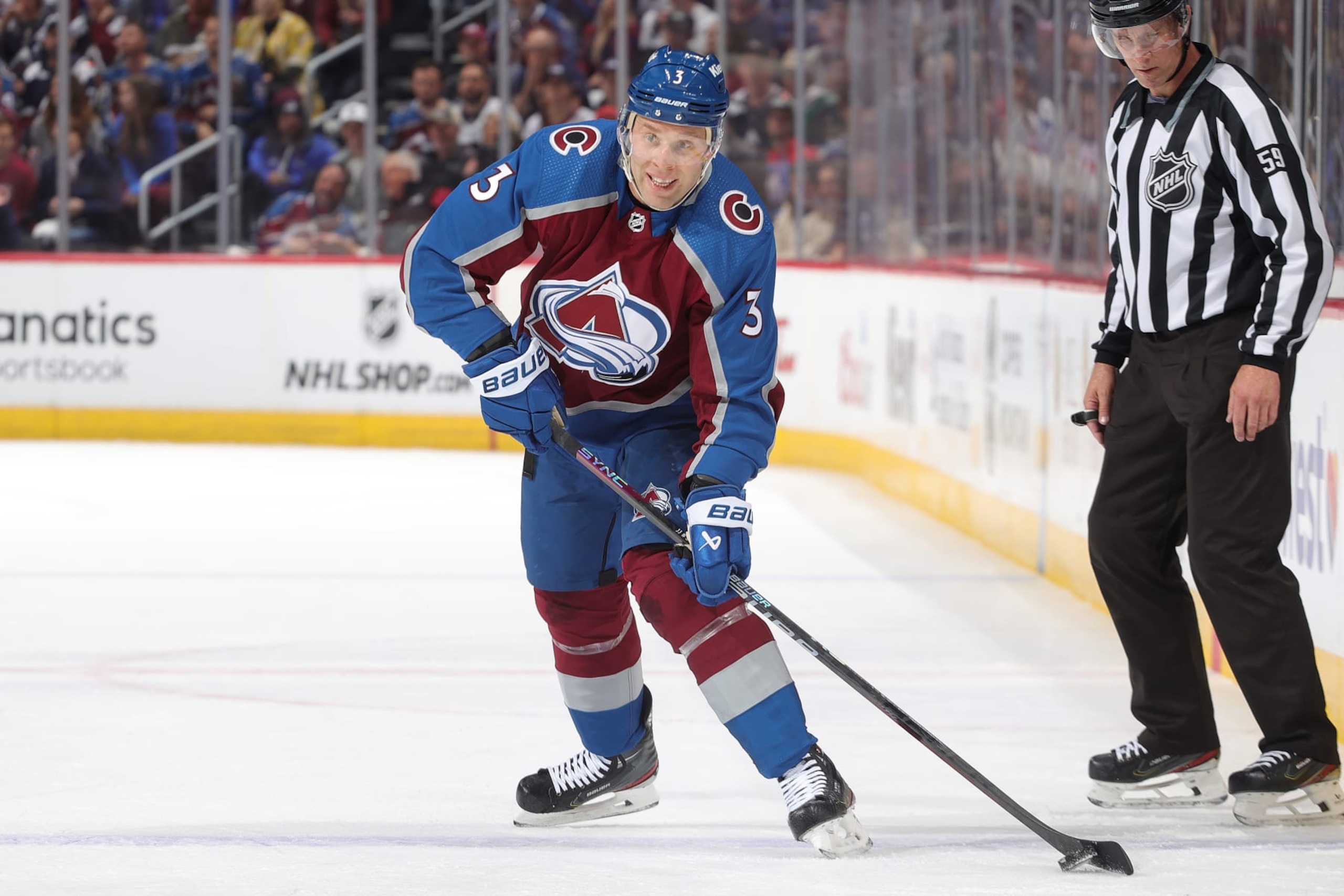 DENVER, COLORADO - MAY 17: Jack Johnson #3 of the Colorado Avalanche skates against the Dallas Stars in Game Six of the Second Round of the 2024 Stanley Cup Playoffs at Ball Arena on May 17, 2024 in Denver, Colorado.  (Photo by Michael Martin/NHLI via Getty Images)