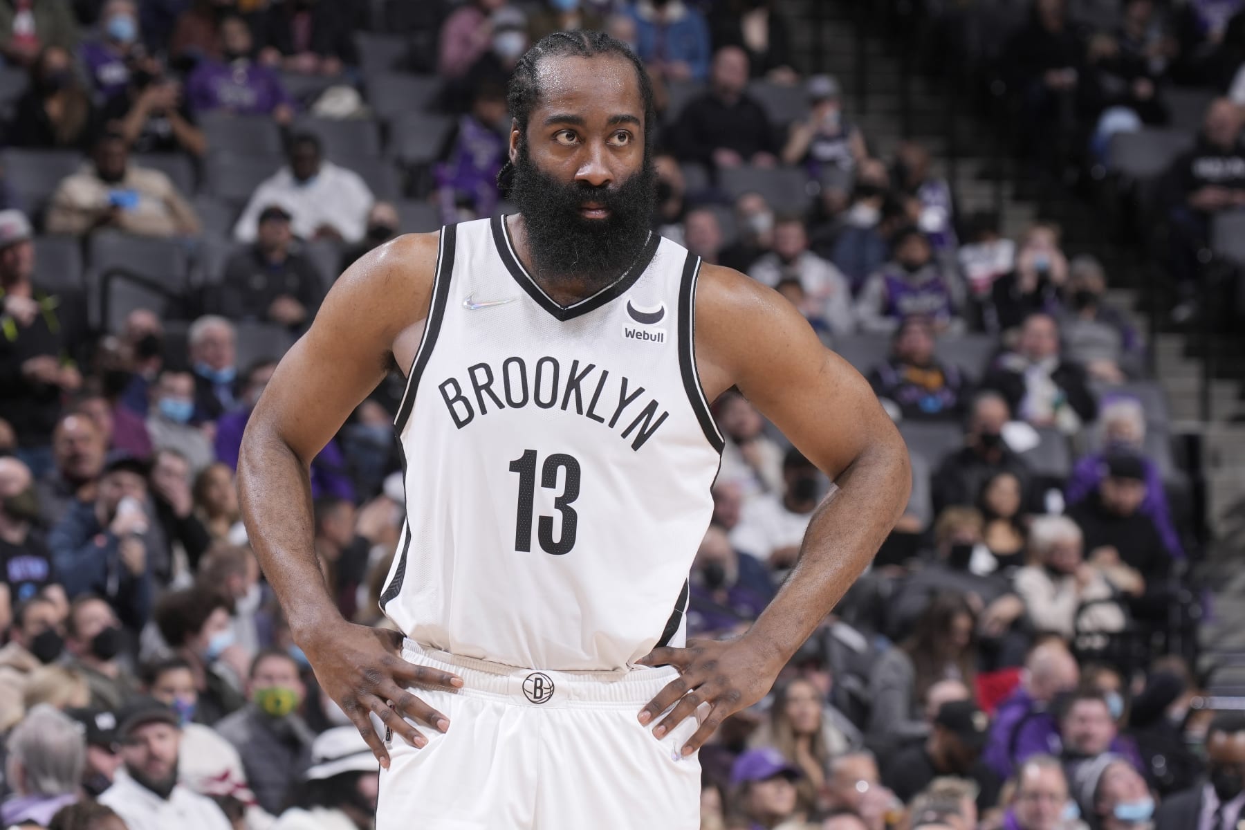 SACRAMENTO, CA - FEBRUARY 2: James Harden #13 of the Brooklyn Nets looks on during the game against the Sacramento Kings on February 2, 2022 at Golden 1 Center in Sacramento, California. NOTE TO USER: User expressly acknowledges and agrees that, by downloading and or using this photograph, User is consenting to the terms and conditions of the Getty Images Agreement. Mandatory Copyright Notice: Copyright 2022 NBAE (Photo by Rocky Widner/NBAE via Getty Images)