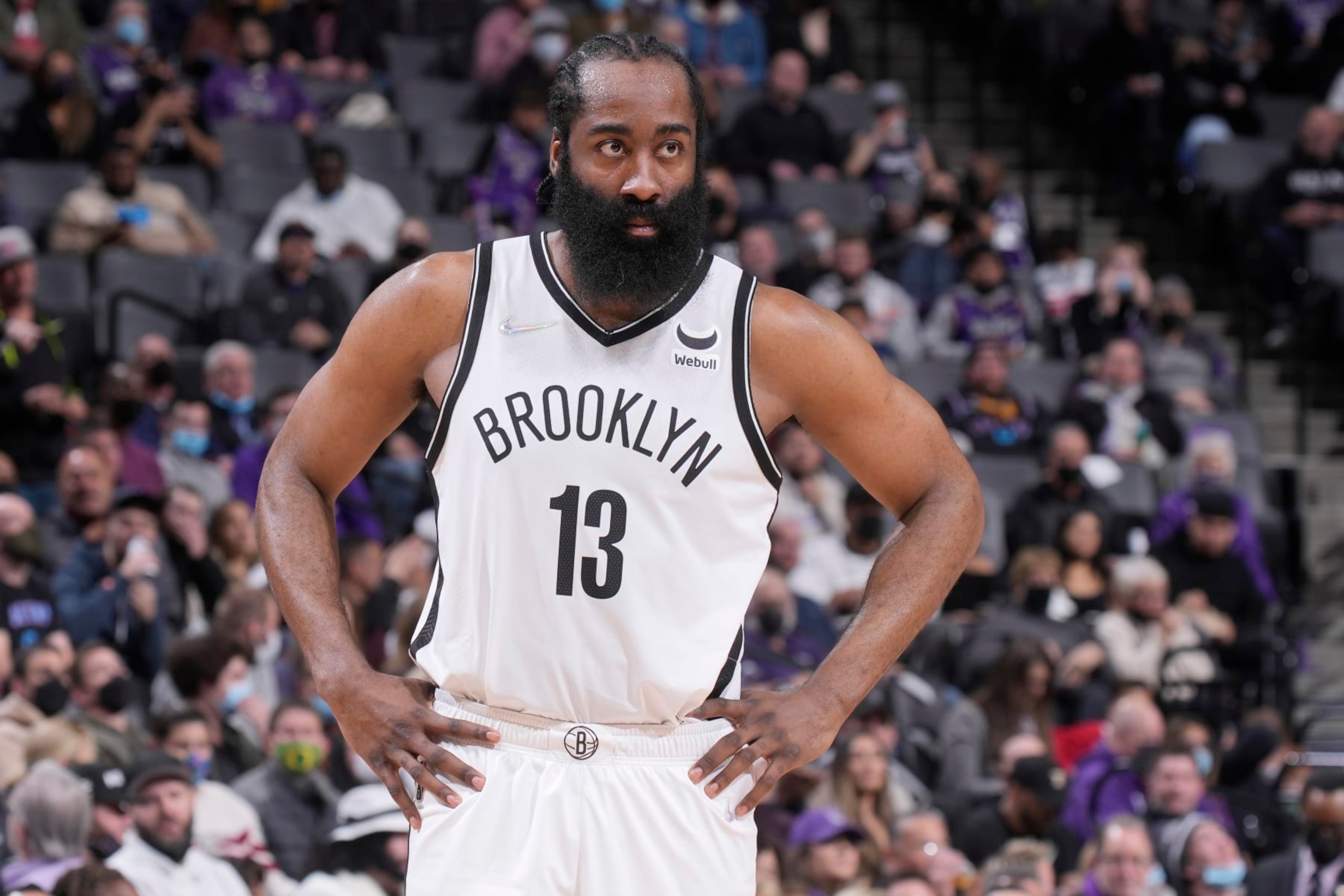 SACRAMENTO, CA - FEBRUARY 2: James Harden #13 of the Brooklyn Nets looks on during the game against the Sacramento Kings on February 2, 2022 at Golden 1 Center in Sacramento, California. NOTE TO USER: User expressly acknowledges and agrees that, by downloading and or using this photograph, User is consenting to the terms and conditions of the Getty Images Agreement. Mandatory Copyright Notice: Copyright 2022 NBAE (Photo by Rocky Widner/NBAE via Getty Images)