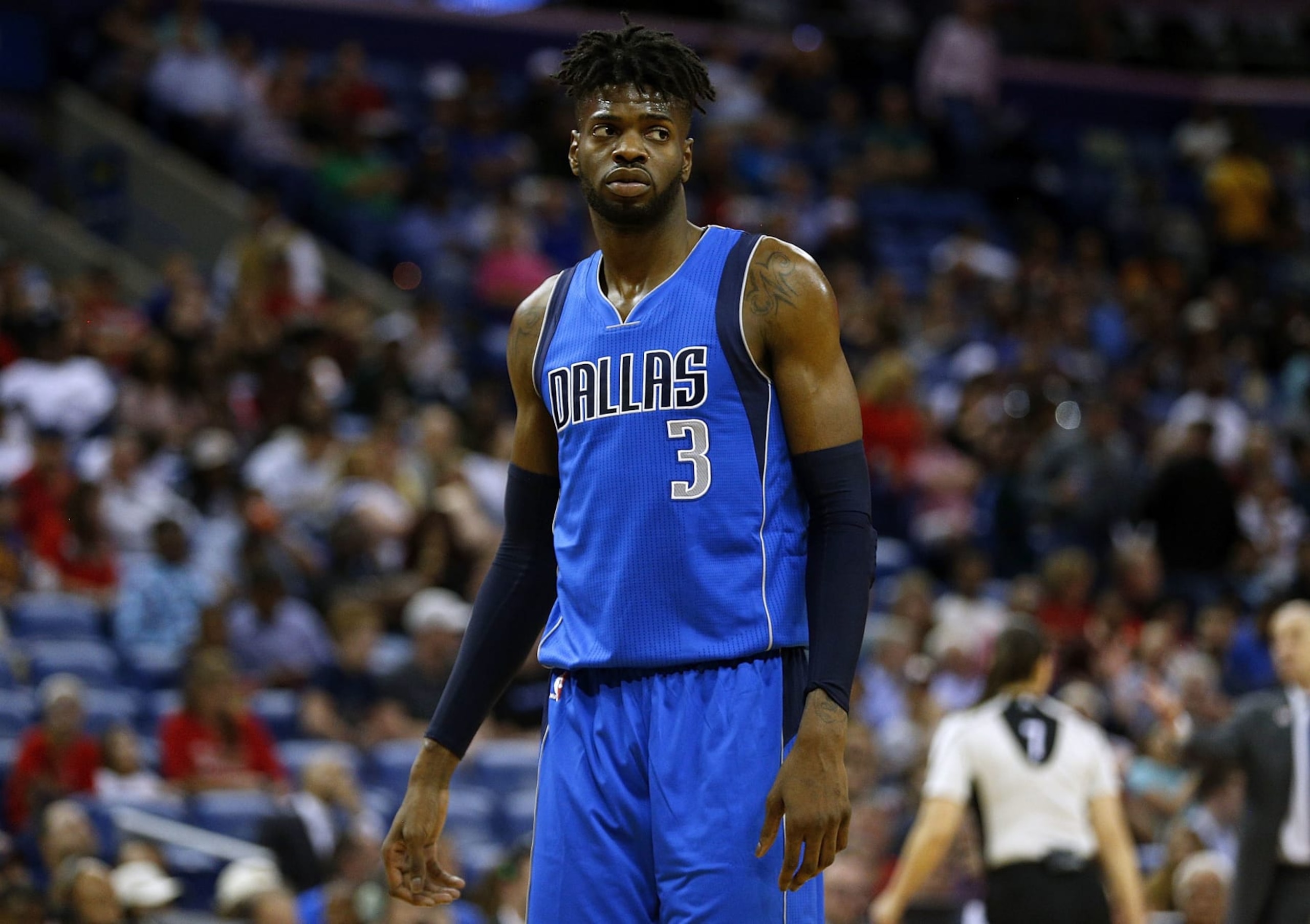 NEW ORLEANS, LA - MARCH 29:  Nerlens Noel #3 of the Dallas Mavericks reacts during a game against the New Orleans Pelicans at the Smoothie King Center on March 29, 2017 in New Orleans, Louisiana. NOTE TO USER: User expressly acknowledges and agrees that, by downloading and or using this photograph, User is consenting to the terms and conditions of the Getty Images License Agreement.  (Photo by Jonathan Bachman/Getty Images)