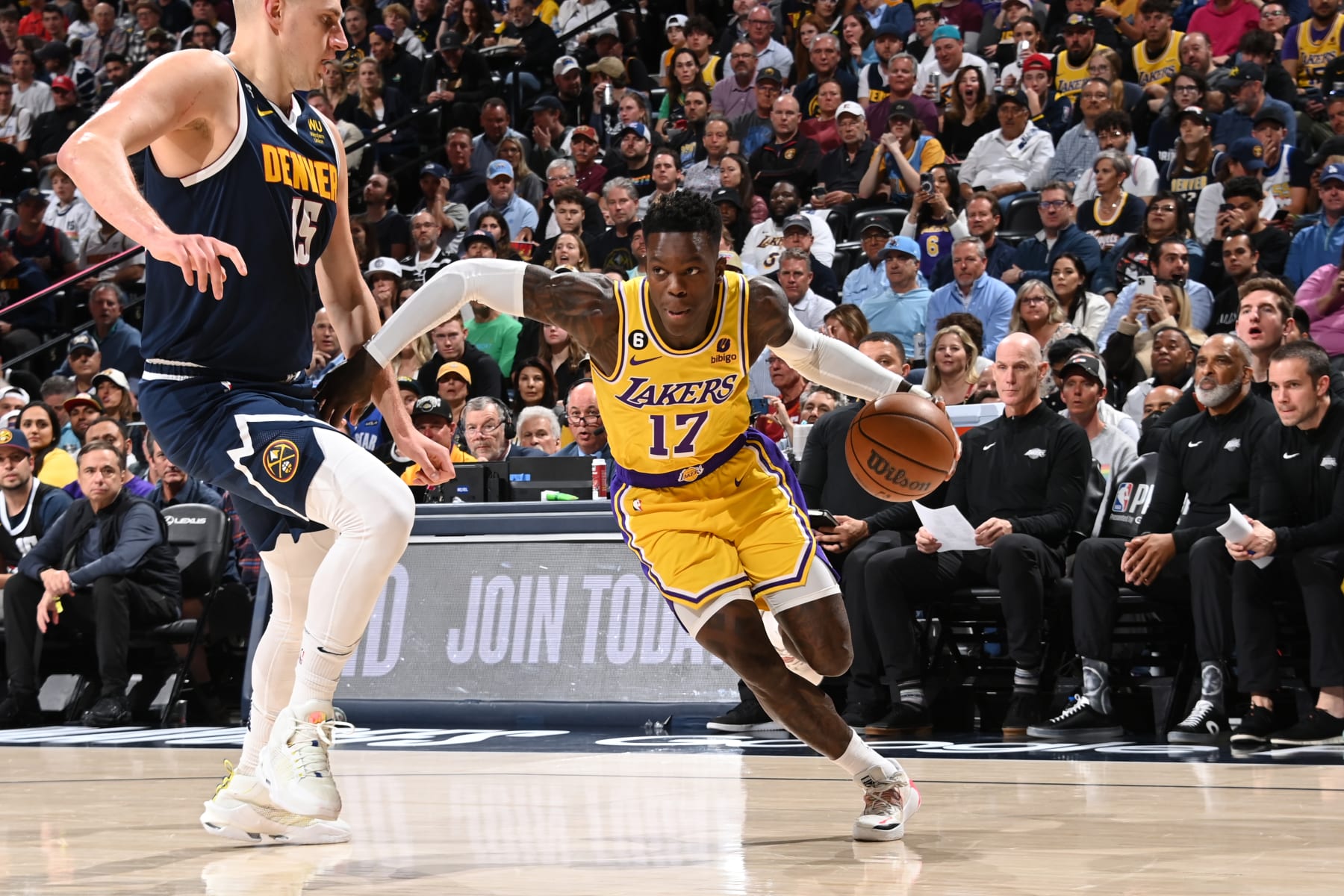 DENVER, CO - MAY 18: Dennis Schroder #17 of the Los Angeles Lakers dribbles the ball during Game 2 of the Western Conference Finals 2023 NBA Playoffs on May 18, 2023 at the Ball Arena in Denver, Colorado. NOTE TO USER: User expressly acknowledges and agrees that, by downloading and/or using this Photograph, user is consenting to the terms and conditions of the Getty Images License Agreement. Mandatory Copyright Notice: Copyright 2023 NBAE (Photo by Andrew D. Bernstein/NBAE via Getty Images)
