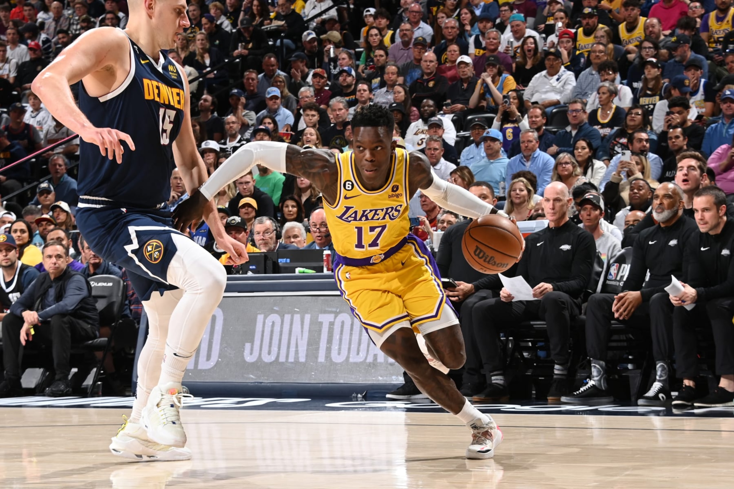 DENVER, CO - MAY 18: Dennis Schroder #17 of the Los Angeles Lakers dribbles the ball during Game 2 of the Western Conference Finals 2023 NBA Playoffs on May 18, 2023 at the Ball Arena in Denver, Colorado. NOTE TO USER: User expressly acknowledges and agrees that, by downloading and/or using this Photograph, user is consenting to the terms and conditions of the Getty Images License Agreement. Mandatory Copyright Notice: Copyright 2023 NBAE (Photo by Andrew D. Bernstein/NBAE via Getty Images)
