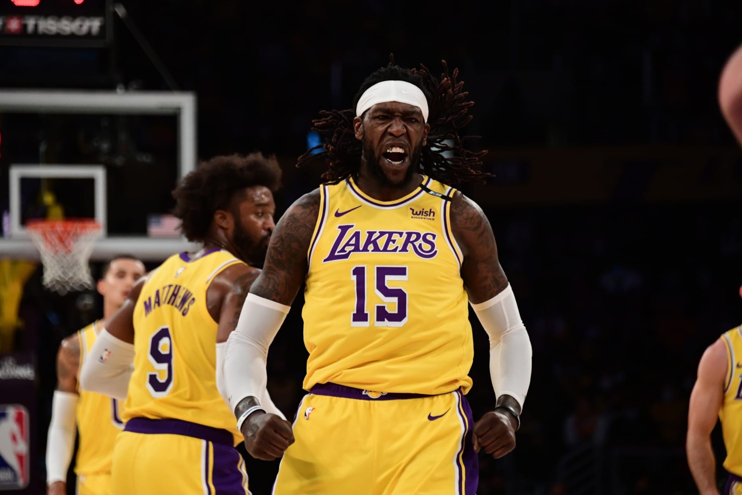 LOS ANGELES, CA - JUNE 3: Montrezl Harrell #15 of the Los Angeles Lakers reacts to a play against the Phoenix Suns during Round 1, Game 6 of the 2021 NBA Playoffs on June 3, 2021 at STAPLES Center in Los Angeles, California. NOTE TO USER: User expressly acknowledges and agrees that, by downloading and/or using this Photograph, user is consenting to the terms and conditions of the Getty Images License Agreement. Mandatory Copyright Notice: Copyright 2021 NBAE (Photo by Adam Pantozzi/NBAE via Getty Images)