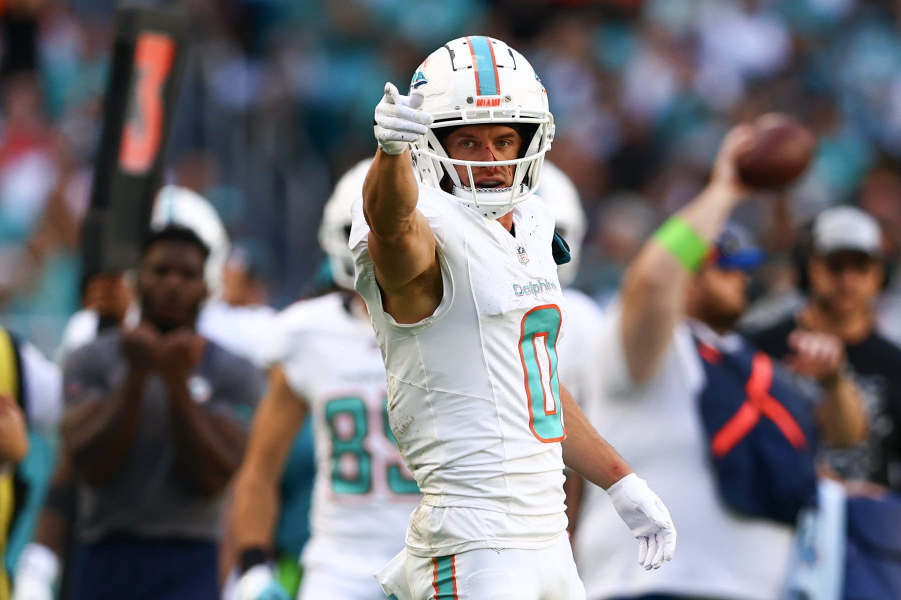 MIAMI GARDENS, FLORIDA - DECEMBER 17: Braxton Berrios #0 of the Miami Dolphins reacts during the first half of a game against the New York Jets at Hard Rock Stadium on December 17, 2023 in Miami Gardens, Florida. (Photo by Megan Briggs/Getty Images)