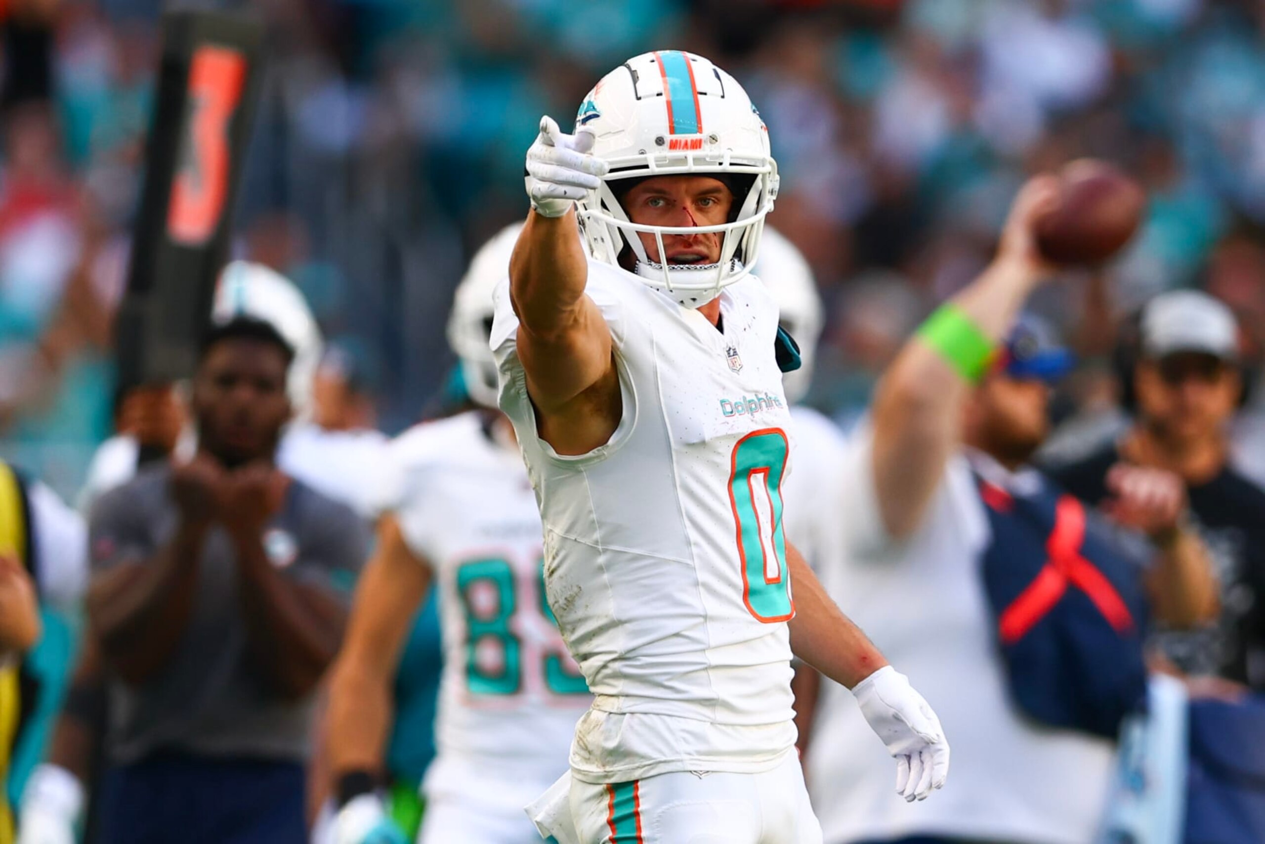 MIAMI GARDENS, FLORIDA - DECEMBER 17: Braxton Berrios #0 of the Miami Dolphins reacts during the first half of a game against the New York Jets at Hard Rock Stadium on December 17, 2023 in Miami Gardens, Florida. (Photo by Megan Briggs/Getty Images)