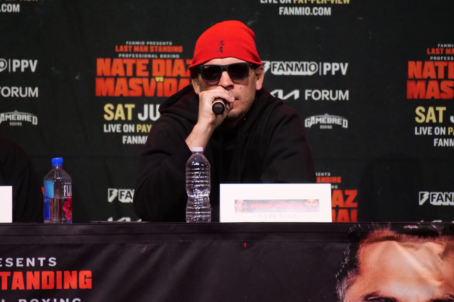 LOS ANGELES, CALIFORNIA - APRIL 19: Nate Diaz speaks during the Nate Diaz v Jorge Masvidal press event “The Baddest Tour" at The Novo on April 19, 2024 in Los Angeles, California. (Photo by Kaelin Mendez/Getty Images)