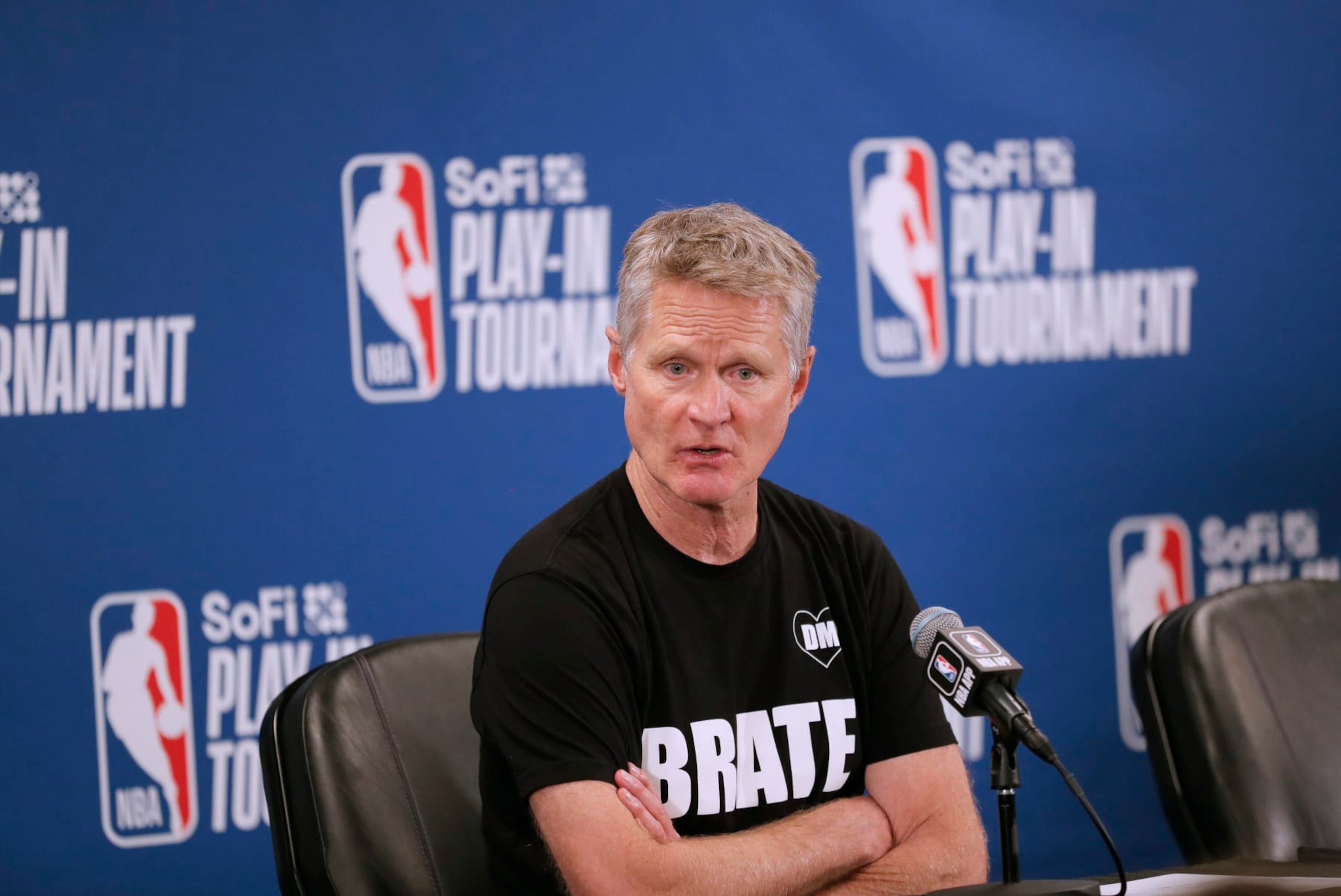 SACRAMENTO, CA - APRIL 16: Head Coach Steve Kerr of the Golden State Warriors speaks at a press conference  after the game against the Sacramento Kings during the 2024 Play-In Tournament on April 16, 2024 at Golden 1 Center in Sacramento, California. NOTE TO USER: User expressly acknowledges and agrees that, by downloading and or using this photograph, User is consenting to the terms and conditions of the Getty Images Agreement. Mandatory Copyright Notice: Copyright 2024 NBAE (Photo by Rocky Widner/NBAE via Getty Images)