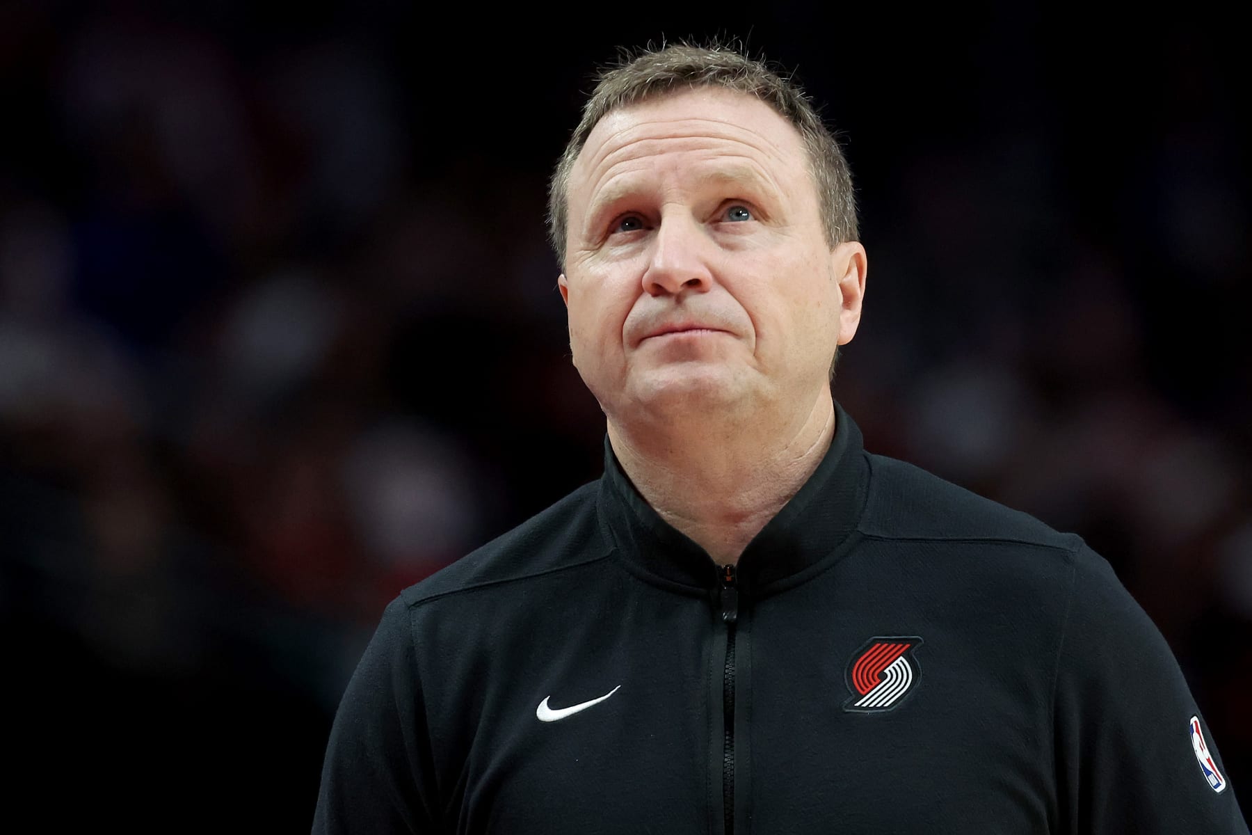 PORTLAND, OREGON - JANUARY 31: Scott Brooks, assistant coach of the Portland Trail Blazers, looks on during the game against the Milwaukee Bucks at Moda Center on January 31, 2024 in Portland, Oregon. (Photo by Steph Chambers/Getty Images)