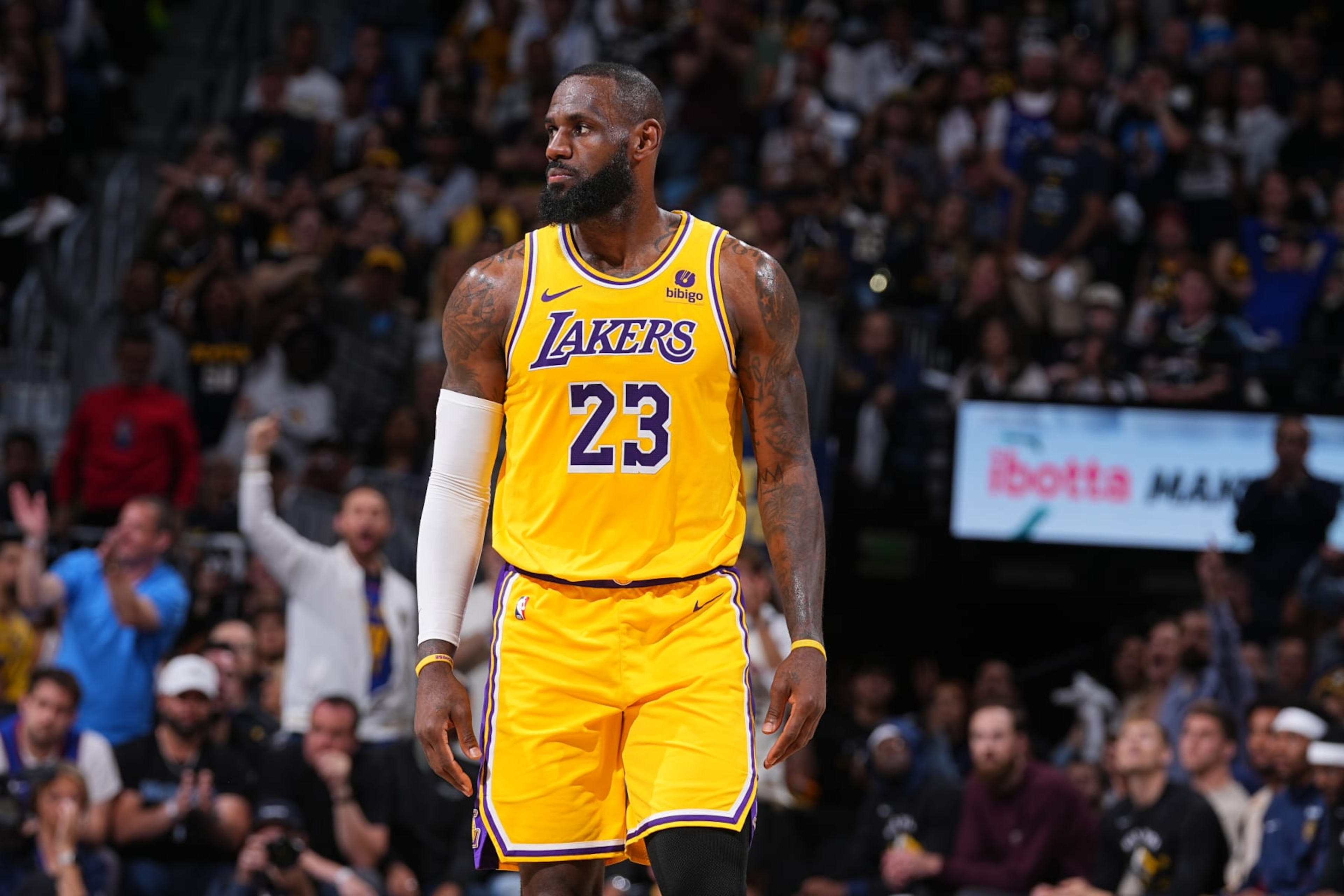 DENVER, CO - APRIL 29: LeBron James #23 of the Los Angeles Lakers looks on during the game against the Denver Nuggets during Round One Game Five of the 2024 NBA Playoffs on April 29, 2024 at the Ball Arena in Denver, Colorado. NOTE TO USER: User expressly acknowledges and agrees that, by downloading and/or using this Photograph, user is consenting to the terms and conditions of the Getty Images License Agreement. Mandatory Copyright Notice: Copyright 2024 NBAE (Photo by Bart Young/NBAE via Getty Images)