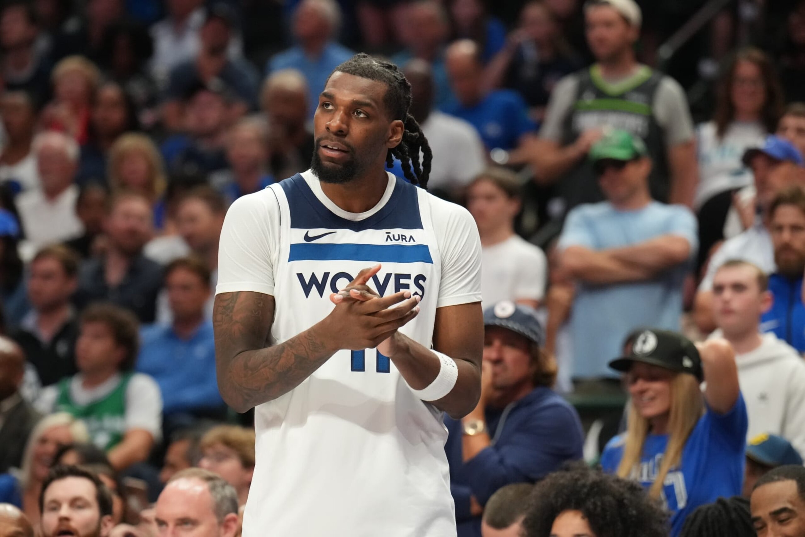 DALLAS, TX - MAY 28: Naz Reid #11 of the Minnesota Timberwolves looks on during the game against the Dallas Mavericks during Game 3 of the Western Conference Finals of the 2024 NBA Playoffs on May 28, 2024 at the American Airlines Center in Dallas, Texas. NOTE TO USER: User expressly acknowledges and agrees that, by downloading and or using this photograph, User is consenting to the terms and conditions of the Getty Images License Agreement. Mandatory Copyright Notice: Copyright 2024 NBAE (Photo by Jesse D. Garrabrant/NBAE via Getty Images) DALLAS, TX - MAY 28: Naz Reid #11 of the Minnesota Timberwolves looks on during the game against the Dallas Mavericks during Game 3 of the Western Conference Finals of the 2024 NBA Playoffs on May 28, 2024 at the American Airlines Center in Dallas, Texas. NOTE TO USER: User expressly acknowledges and agrees that, by downloading and or using this photograph, User is consenting to the terms and conditions of the Getty Images License Agreement. Mandatory Copyright Notice: Copyright 2024 NBAE (Photo by Jesse D. Garrabrant/NBAE via Getty Images)
