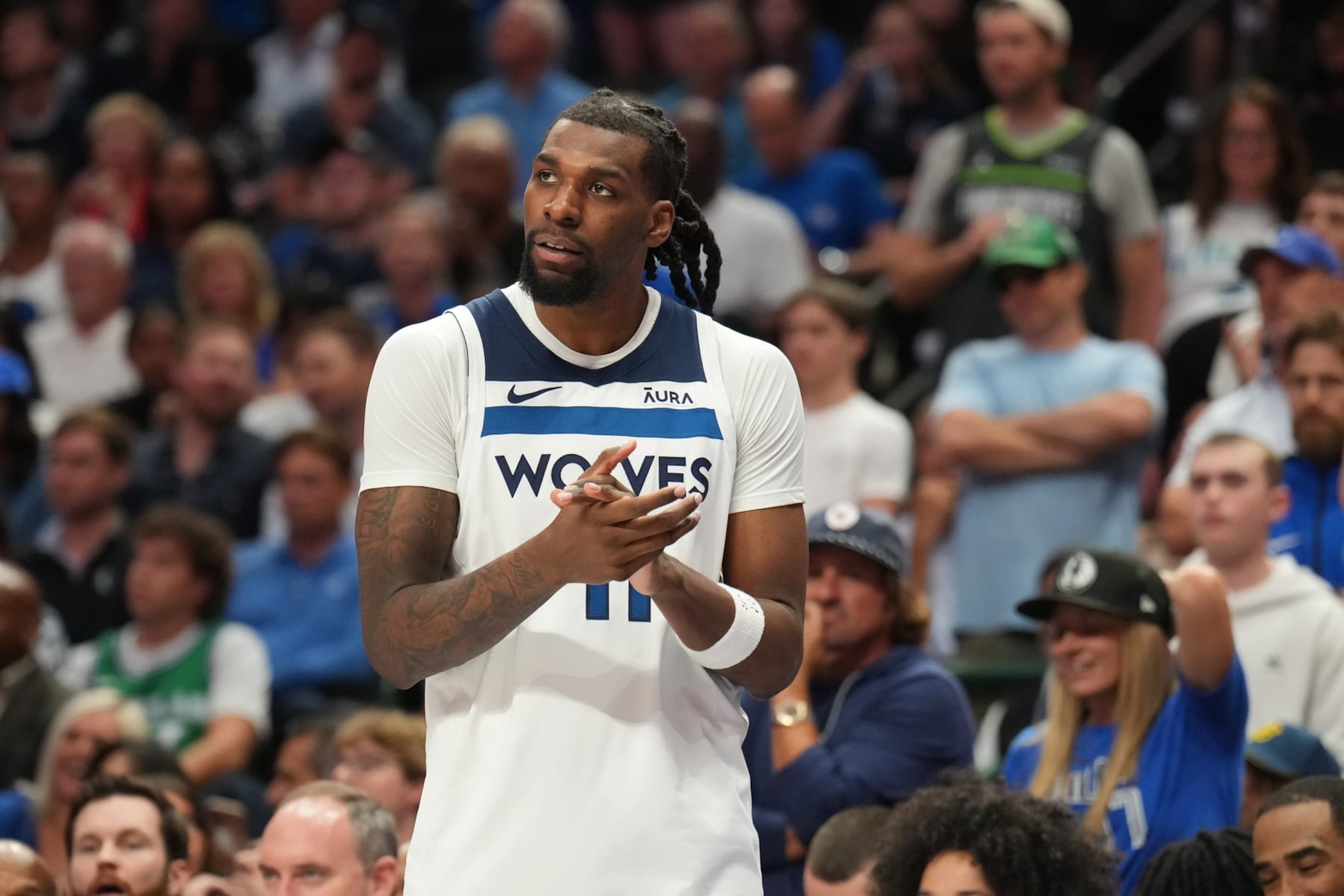 DALLAS, TX - MAY 28: Naz Reid #11 of the Minnesota Timberwolves looks on during the game against the Dallas Mavericks during Game 3 of the Western Conference Finals of the 2024 NBA Playoffs on May 28, 2024 at the American Airlines Center in Dallas, Texas. NOTE TO USER: User expressly acknowledges and agrees that, by downloading and or using this photograph, User is consenting to the terms and conditions of the Getty Images License Agreement. Mandatory Copyright Notice: Copyright 2024 NBAE (Photo by Jesse D. Garrabrant/NBAE via Getty Images)