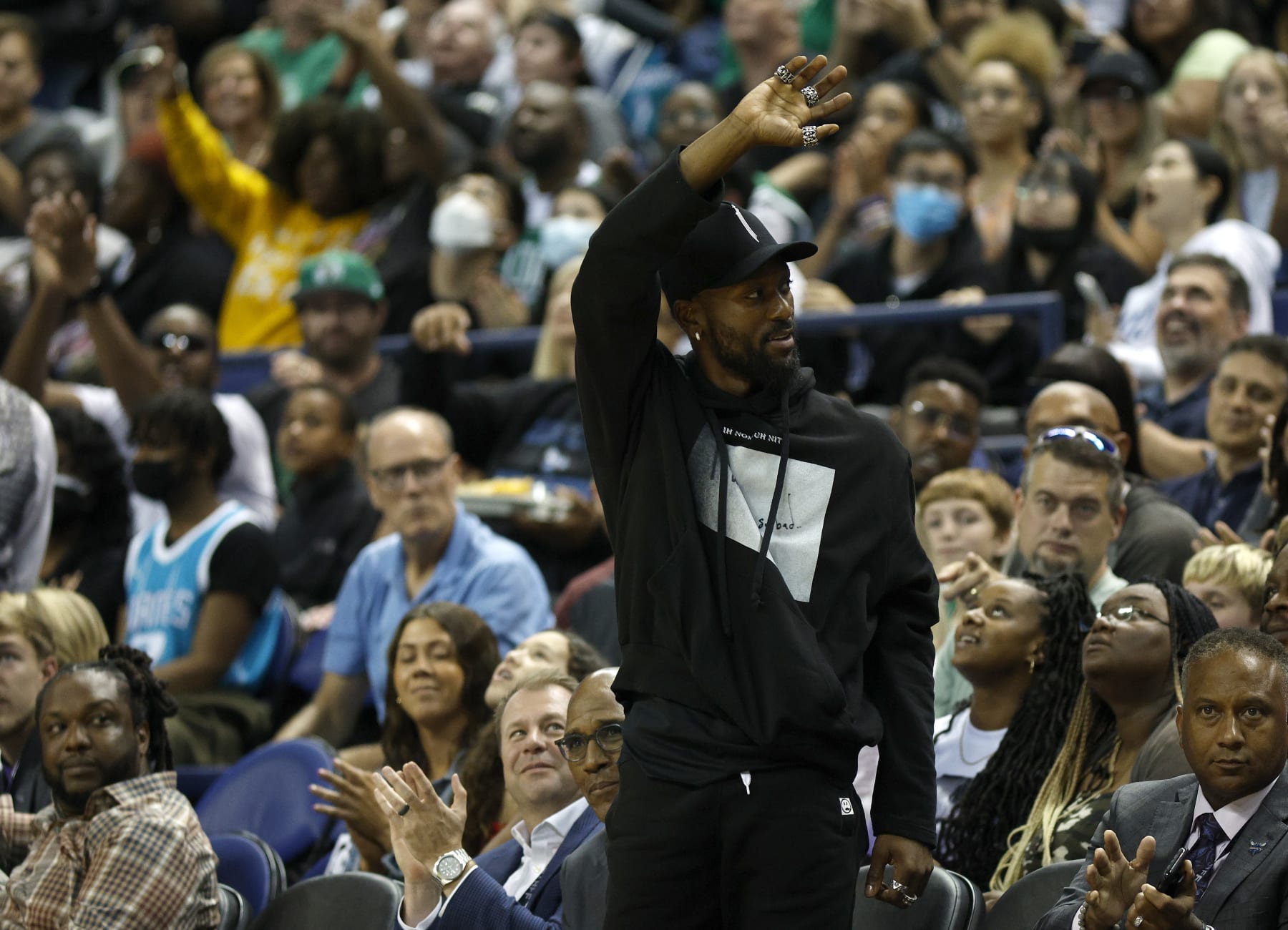 GREENSBORO, NORTH CAROLINA - OCTOBER 07: Former Charlotte Hornets' player Kemba Walker attends the game between the Charlotte Hornets and the Boston Celtics at Greensboro Coliseum Complex on October 07, 2022 in Greensboro, North Carolina. NOTE TO USER: User expressly acknowledges and agrees that, by downloading and or using this photograph, User is consenting to the terms and conditions of the Getty Images License Agreement. (Photo by Jared C. Tilton/Getty Images)