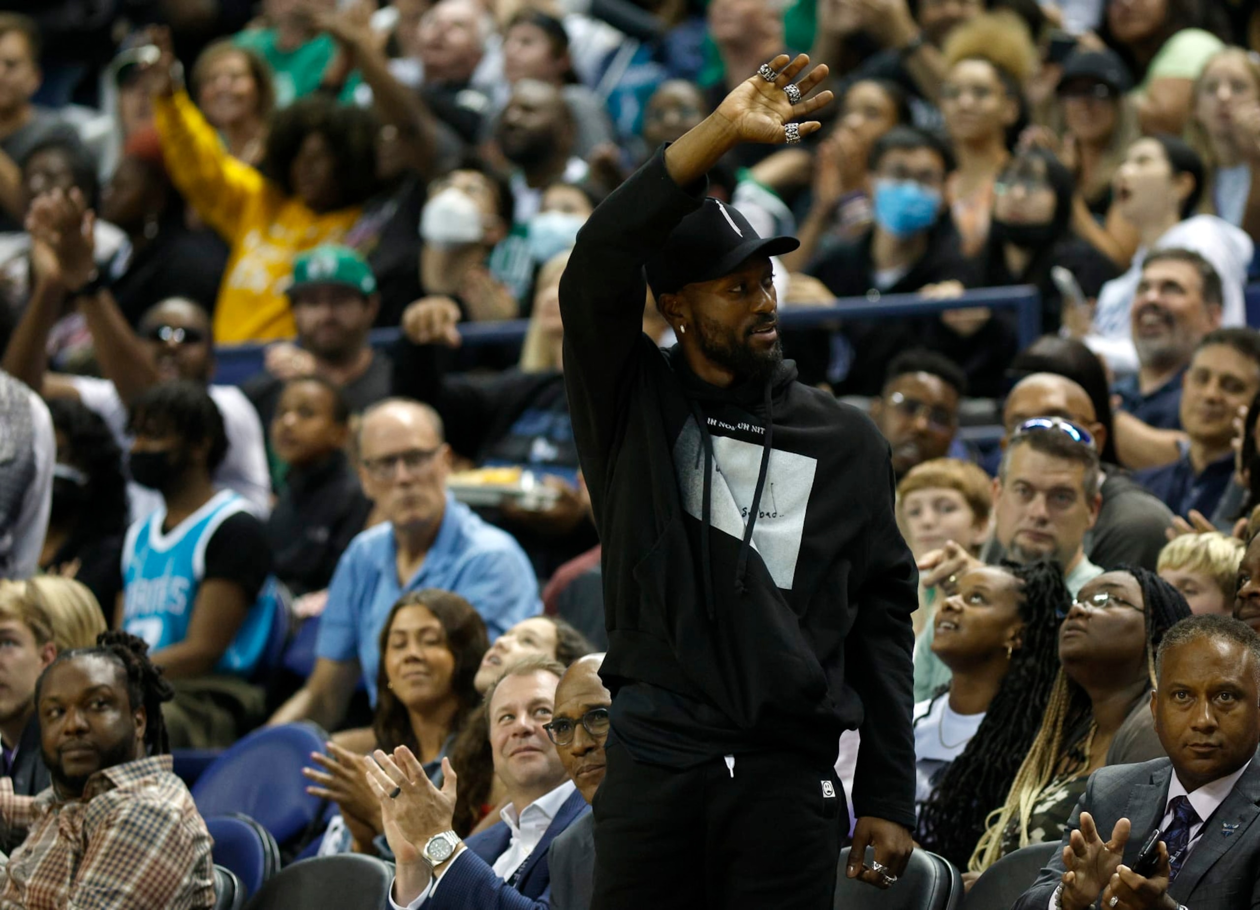 GREENSBORO, NORTH CAROLINA - OCTOBER 07: Former Charlotte Hornets' player Kemba Walker attends the game between the Charlotte Hornets and the Boston Celtics at Greensboro Coliseum Complex on October 07, 2022 in Greensboro, North Carolina. NOTE TO USER: User expressly acknowledges and agrees that, by downloading and or using this photograph, User is consenting to the terms and conditions of the Getty Images License Agreement. (Photo by Jared C. Tilton/Getty Images)