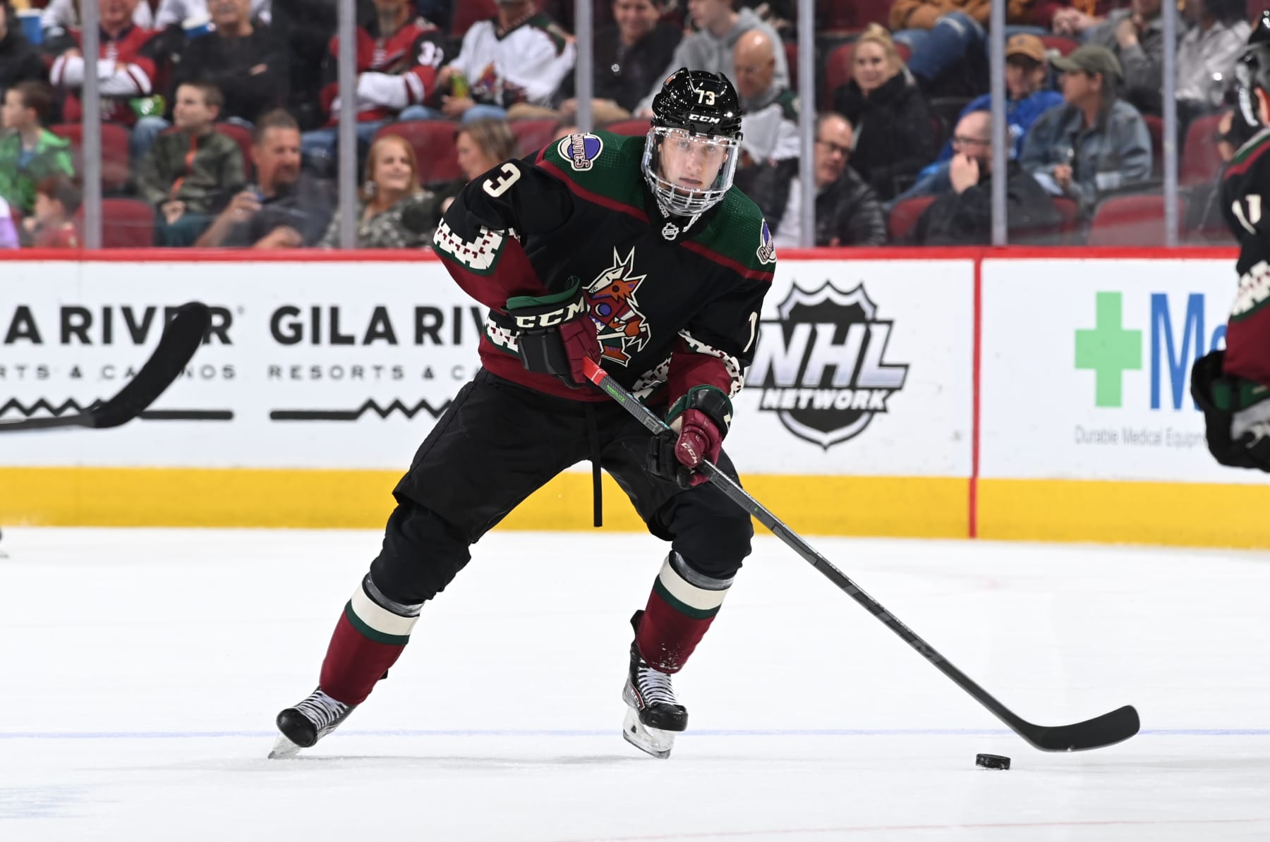 GLENDALE, ARIZONA - APRIL 01: Jan Jenik #93 of the Arizona Coyotes skates with the puck against the Anaheim Ducks at Gila River Arena on April 01, 2022 in Glendale, Arizona. (Photo by Norm Hall/NHLI via Getty Images)