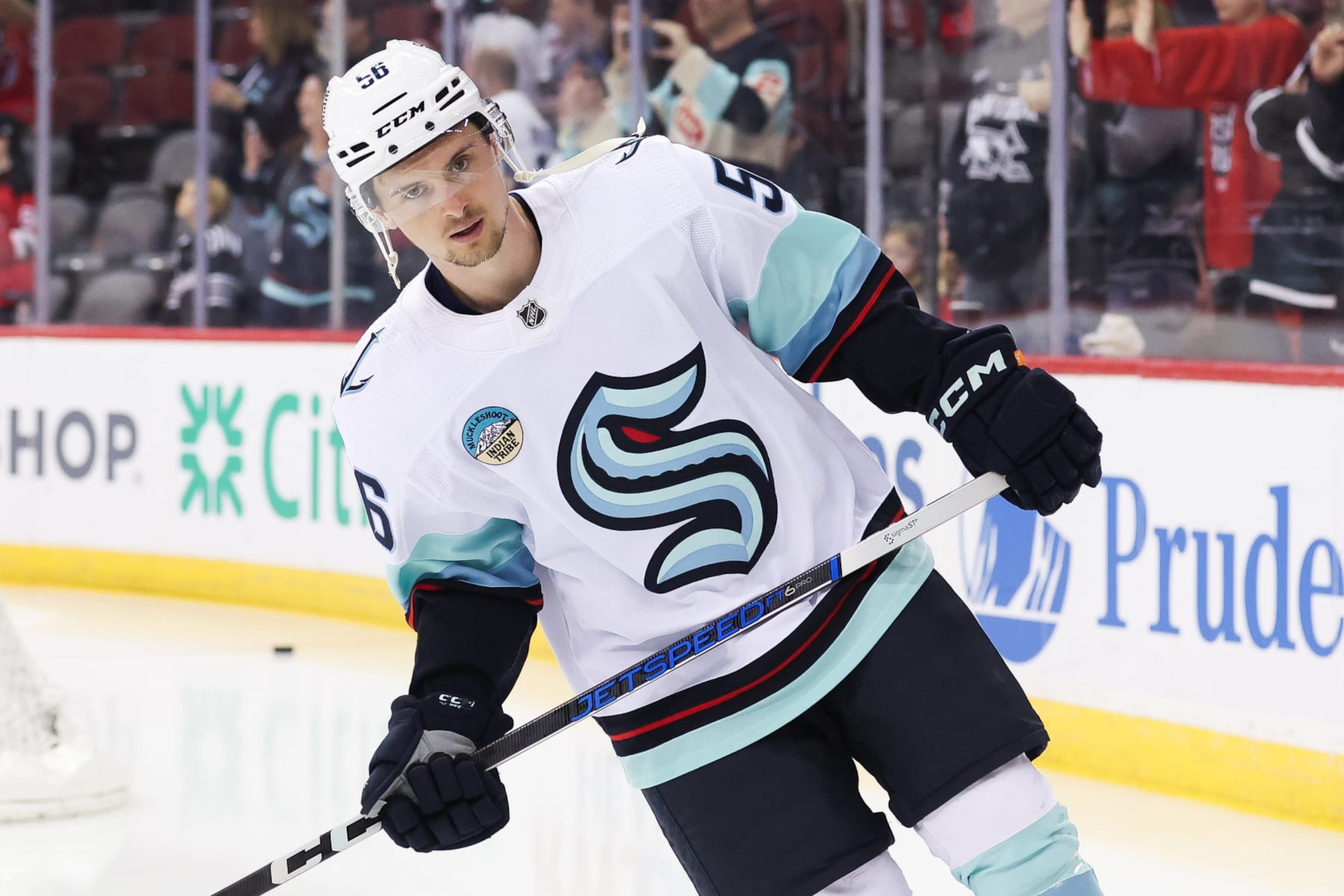 NEWARK, NJ - FEBRUARY 12: Seattle Kraken right wing Kailer Yamamoto (56) warms up before a game between the Seattle Kraken and New Jersey Devils on February 12, 2024 at Prudential Center in the Newark, New Jersey. (Photo by Andrew Mordzynski/Icon Sportswire via Getty Images)