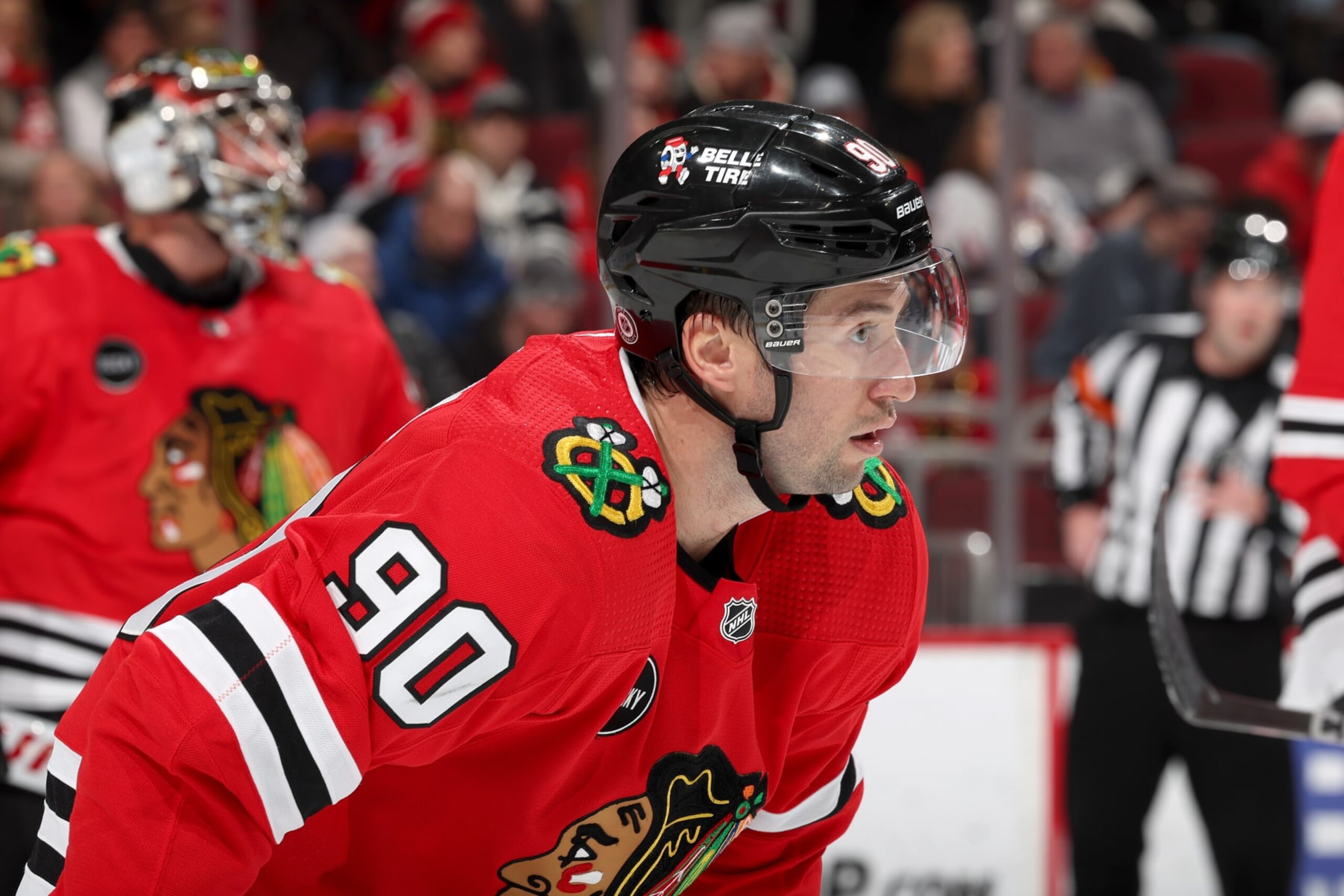 CHICAGO, ILLINOIS - FEBRUARY 23: Tyler Johnson #90 of the Chicago Blackhawks looks down the ice in the first period against the Winnipeg Jets at the United Center on February 23, 2024 in Chicago, Illinois. (Photo by Chase Agnello-Dean/NHLI via Getty Images)