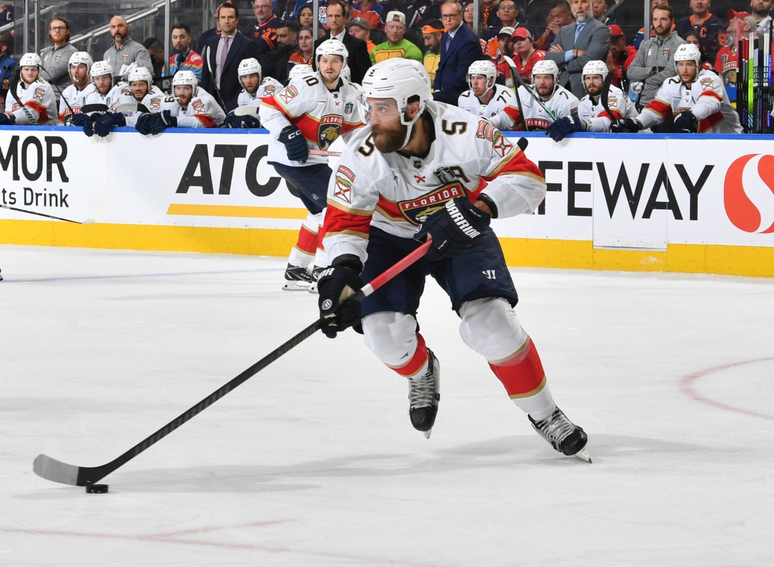 EDMONTON, CANADA - JUNE 13: Aaron Ekblad #5 of the Florida Panthers in action during Game Three of the 2024 Stanley Cup Final against the Edmonton Oilers at Rogers Place on June 13, 2024, in Edmonton, Alberta, Canada. (Photo by Andy Devlin/NHLI via Getty Images)