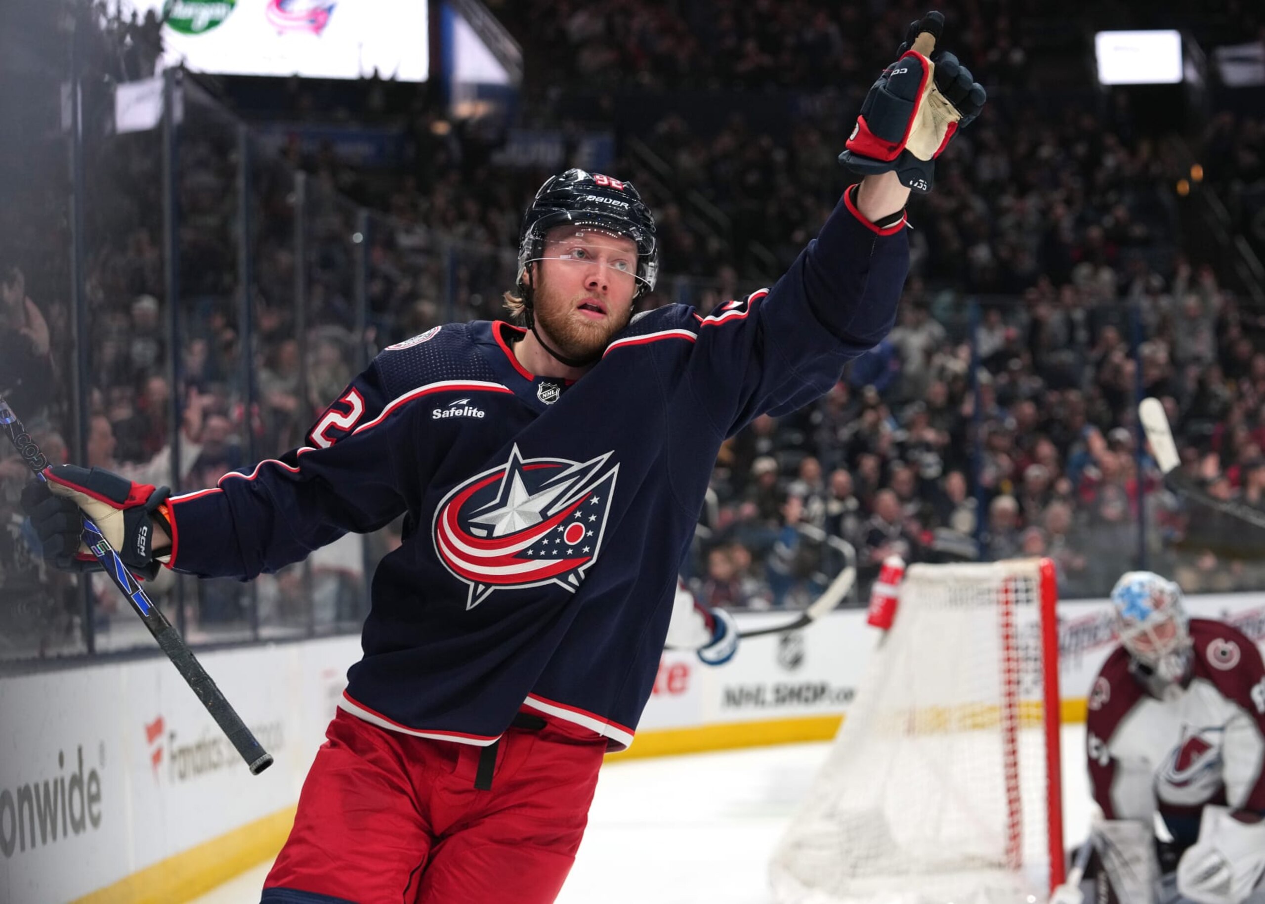 COLUMBUS, OHIO - APRIL 01: Alexander Nylander #92 of the Columbus Blue Jackets celebrates a goal in the second period against the Colorado Avalanche at Nationwide Arena on April 01, 2024 in Columbus, Ohio. (Photo by Jason Mowry/Getty Images)